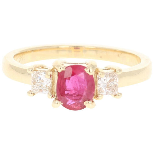 0.94 Carat Ruby Diamond Three-Stone 14 Karat Yellow Gold Ring