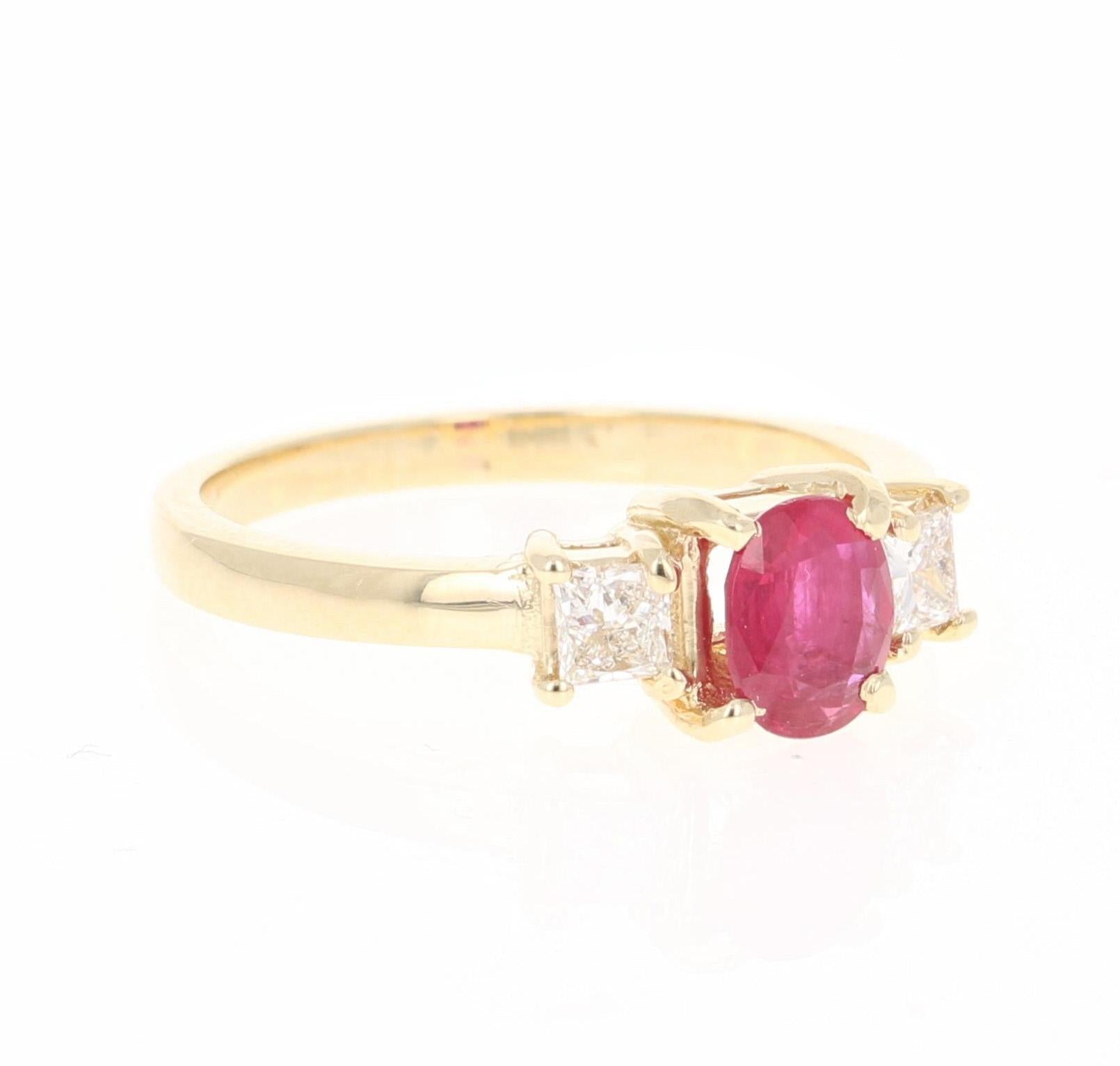 0.94 Carat Ruby Diamond Three-Stone 14 Karat Yellow Gold Ring