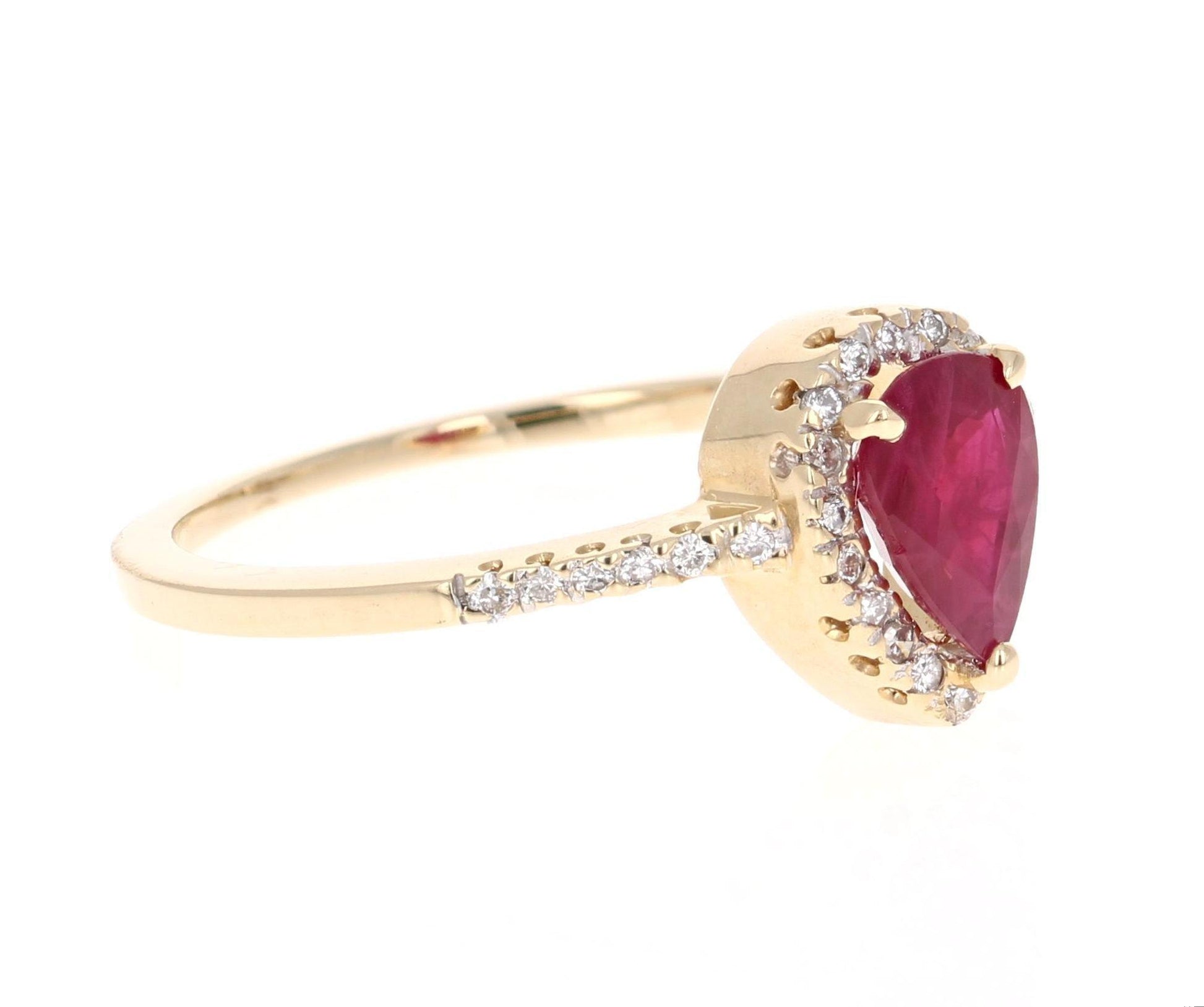 1.08 Carat Pear Cut Ruby Diamond 14 Karat Yellow Gold Bridal Ring
