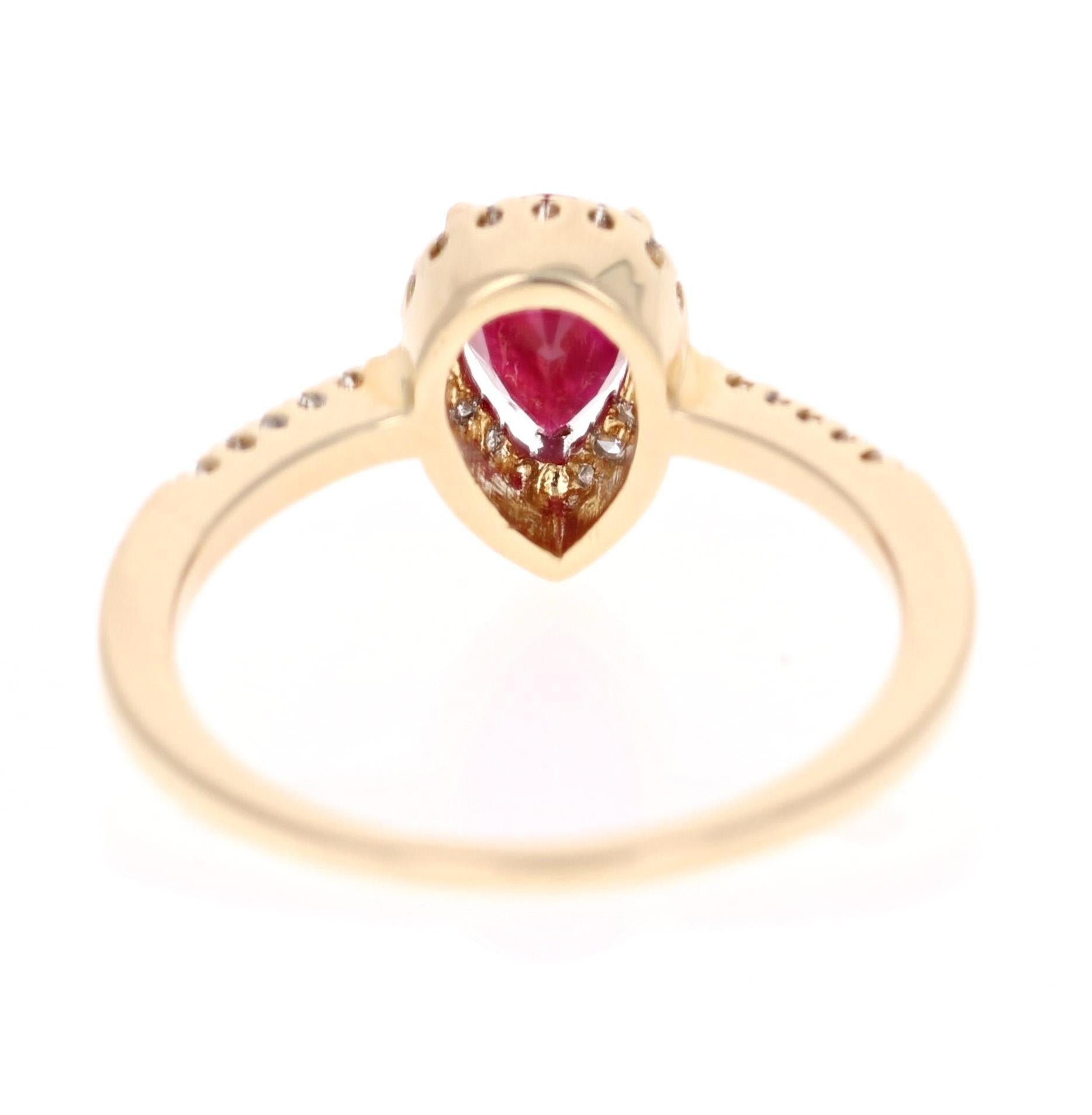 1.08 Carat Pear Cut Ruby Diamond 14 Karat Yellow Gold Bridal Ring