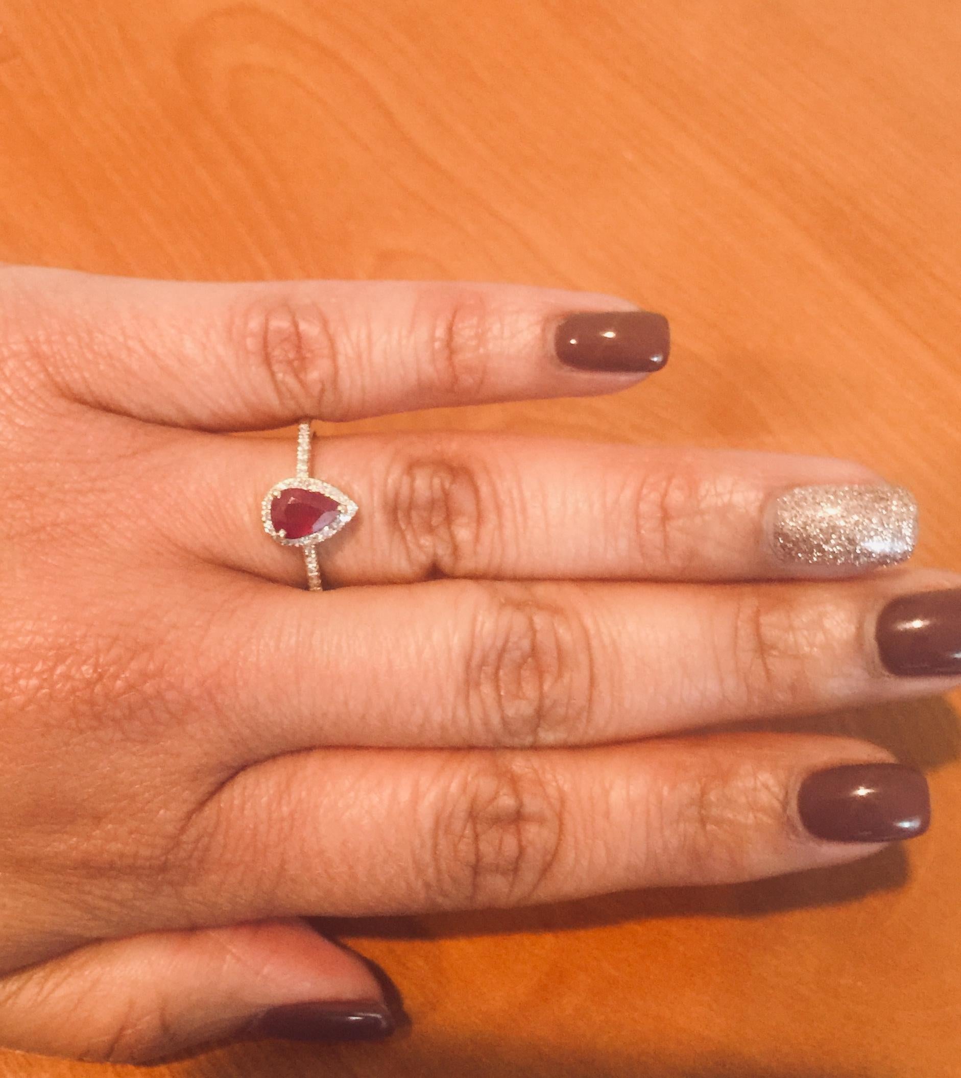 1.08 Carat Pear Cut Ruby Diamond 14 Karat Yellow Gold Bridal Ring