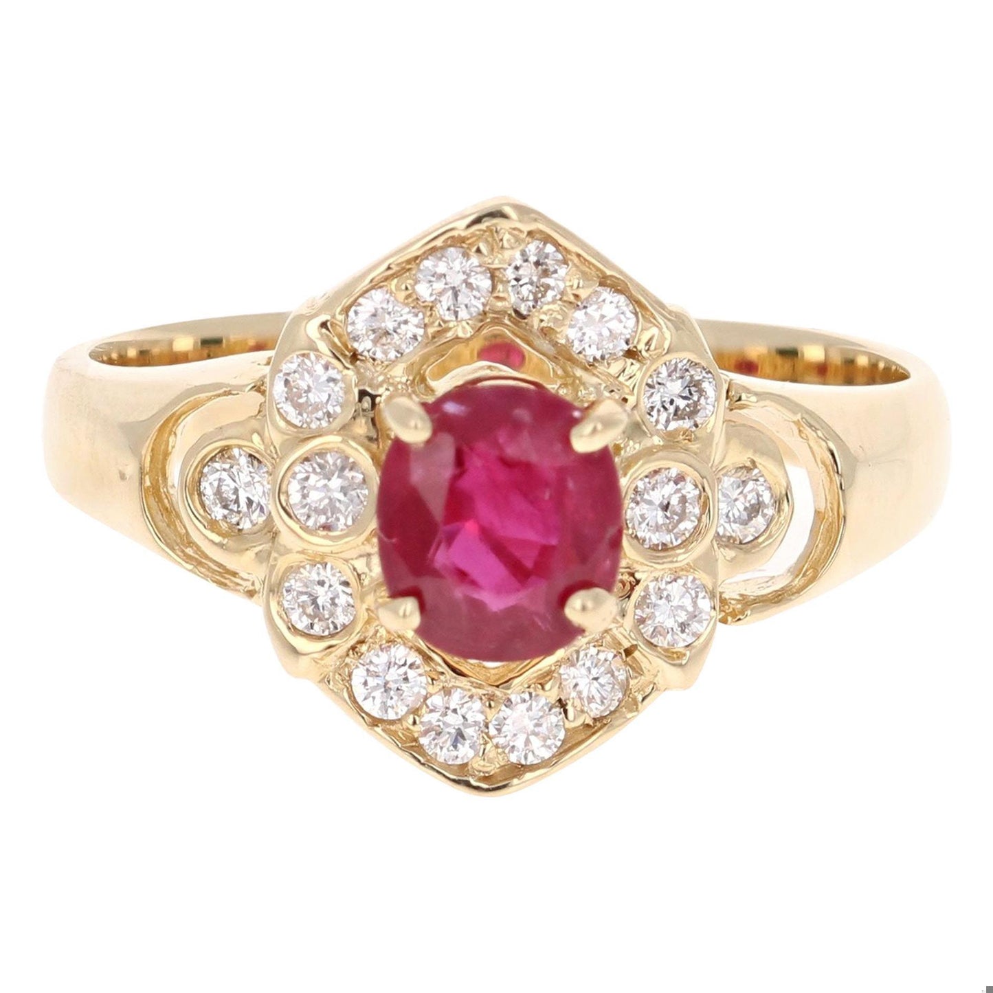 1.20 Carat Oval Cut Burmese Ruby Diamond 14 Karat Yellow Gold Cluster Ring