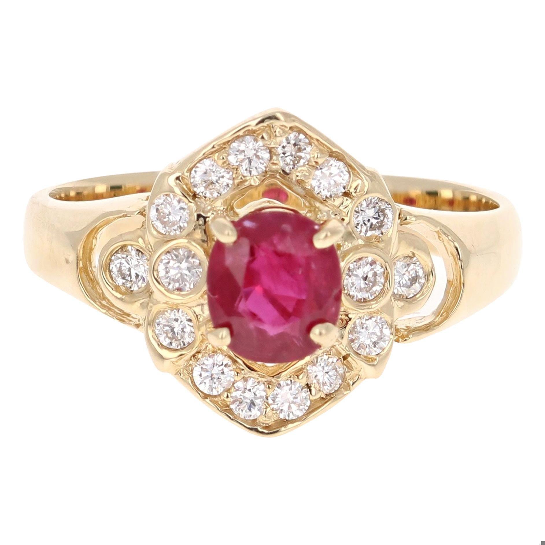 1.20 Carat Oval Cut Burmese Ruby Diamond 14 Karat Yellow Gold Cluster Ring