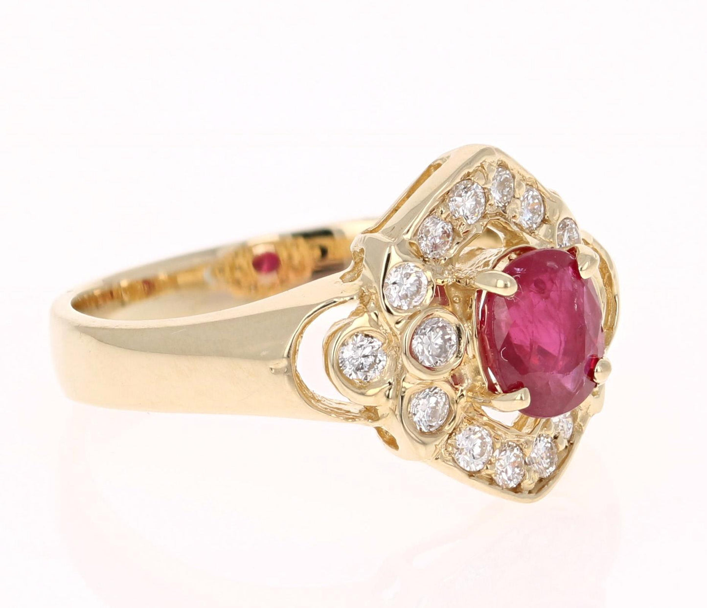 1.20 Carat Oval Cut Burmese Ruby Diamond 14 Karat Yellow Gold Cluster Ring