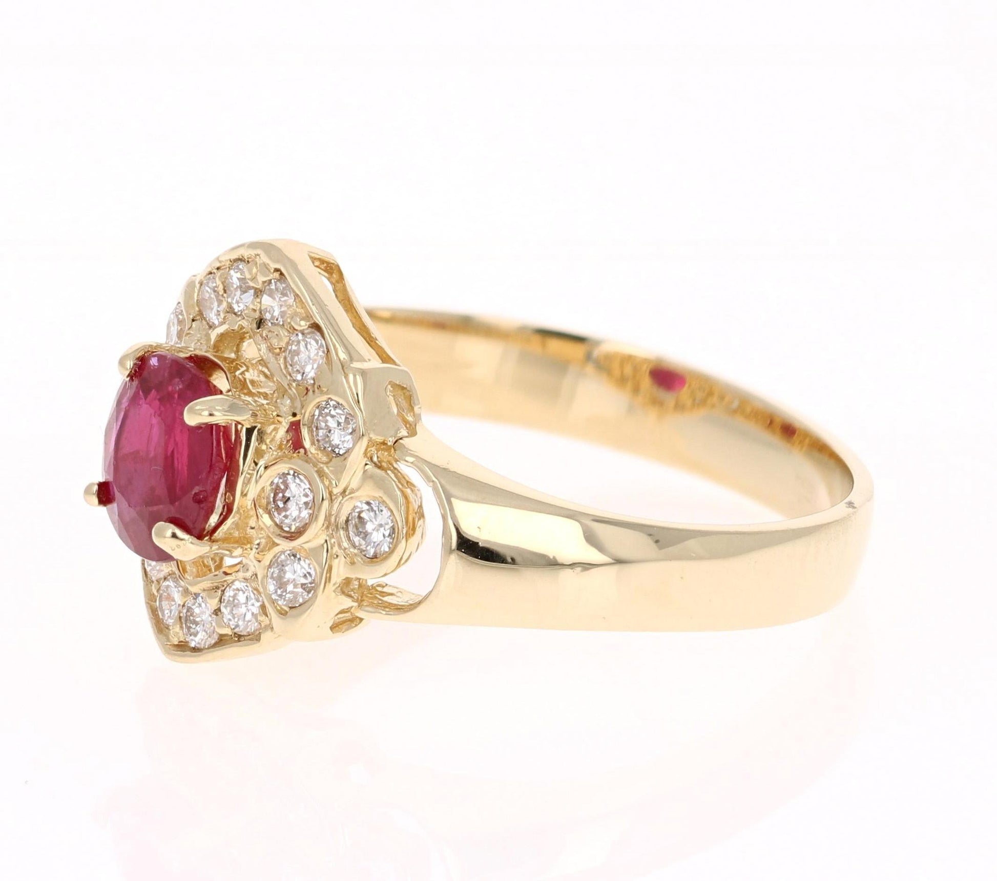 1.20 Carat Oval Cut Burmese Ruby Diamond 14 Karat Yellow Gold Cluster Ring