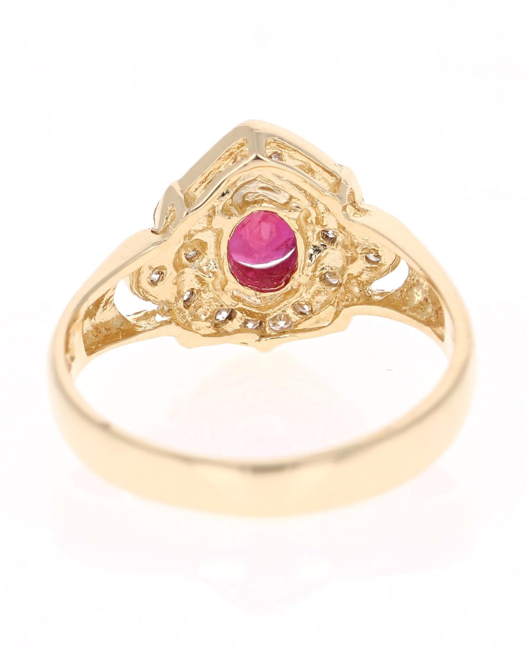 1.20 Carat Oval Cut Burmese Ruby Diamond 14 Karat Yellow Gold Cluster Ring