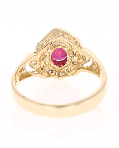 1.20 Carat Oval Cut Burmese Ruby Diamond 14 Karat Yellow Gold Cluster Ring