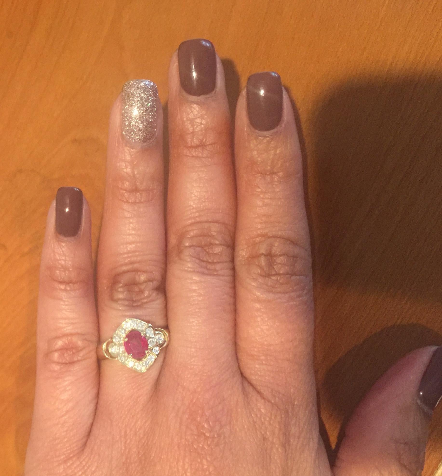 1.20 Carat Oval Cut Burmese Ruby Diamond 14 Karat Yellow Gold Cluster Ring