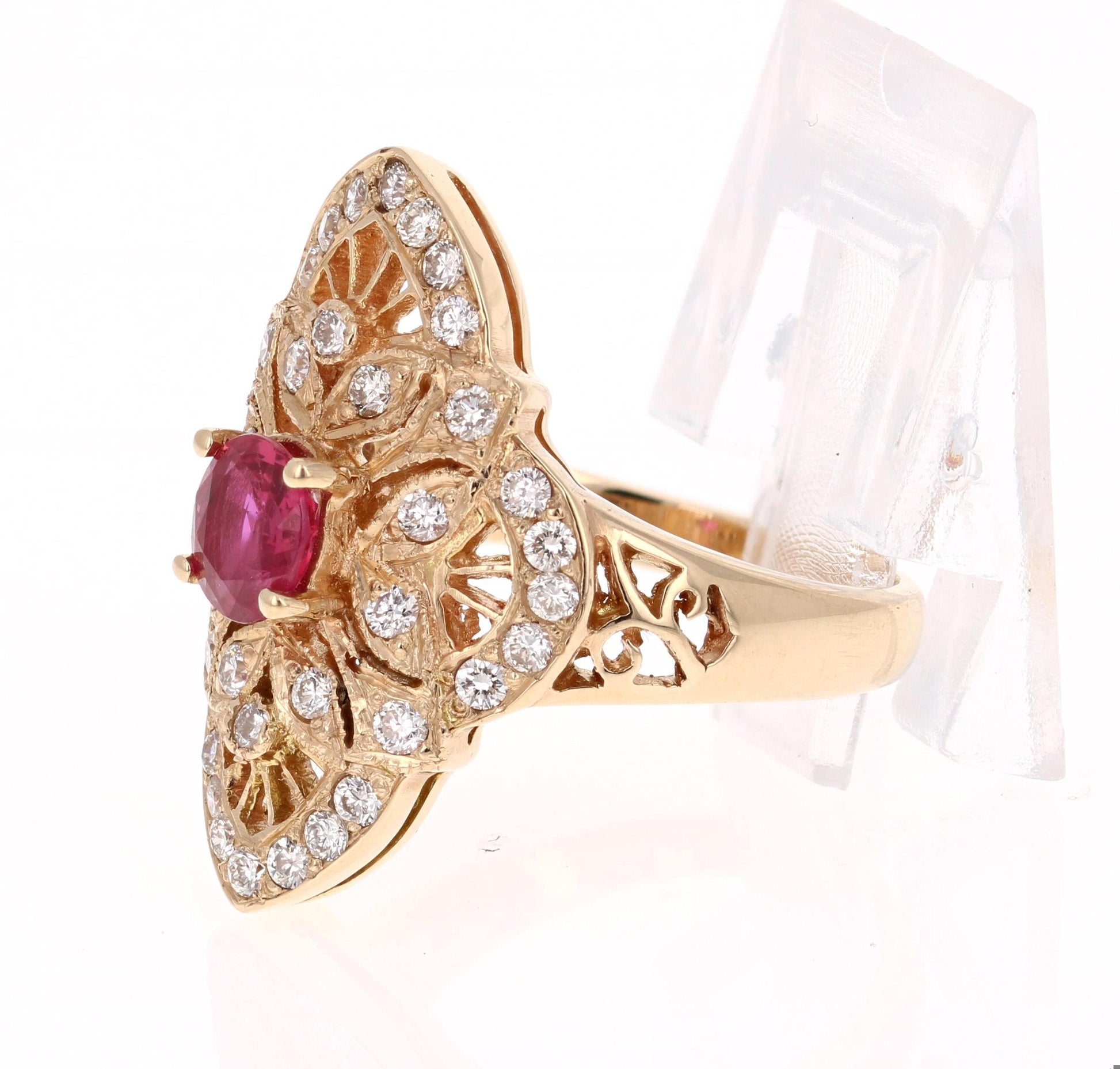 1.34 Carat Ruby Diamond 14 Karat Yellow Gold Victorian Style Ring