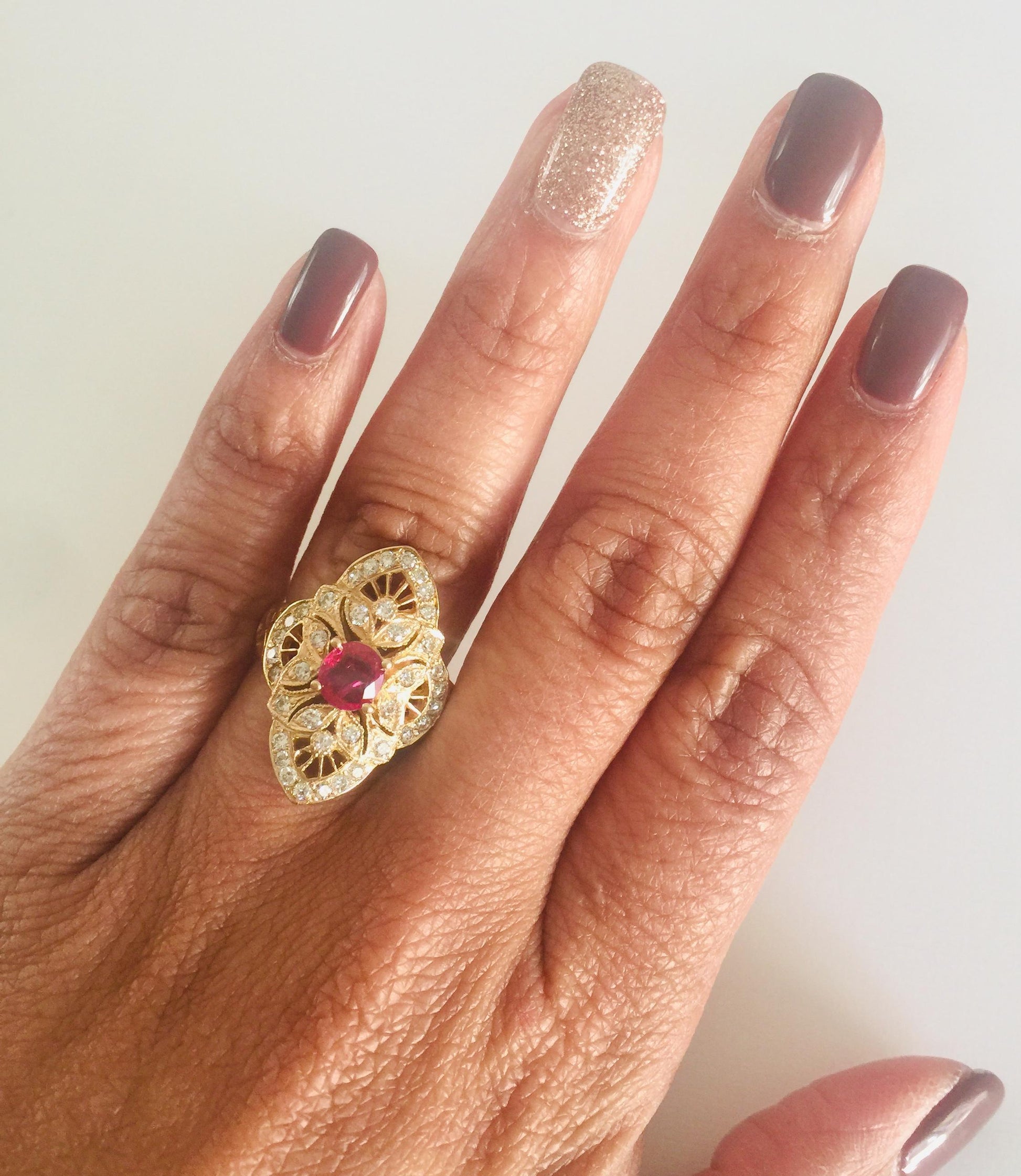 1.34 Carat Ruby Diamond 14 Karat Yellow Gold Victorian Style Ring