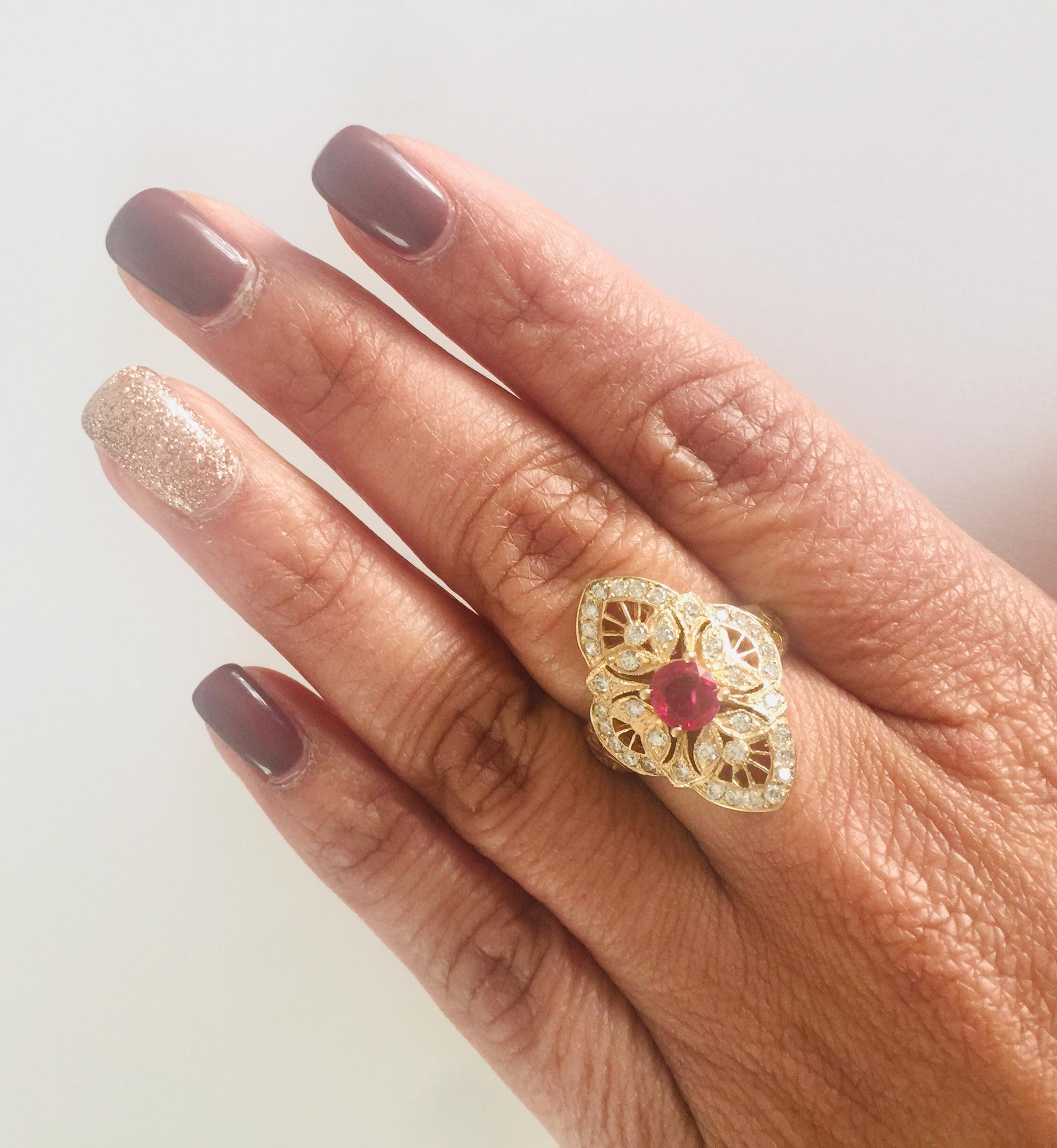 1.34 Carat Ruby Diamond 14 Karat Yellow Gold Victorian Style Ring