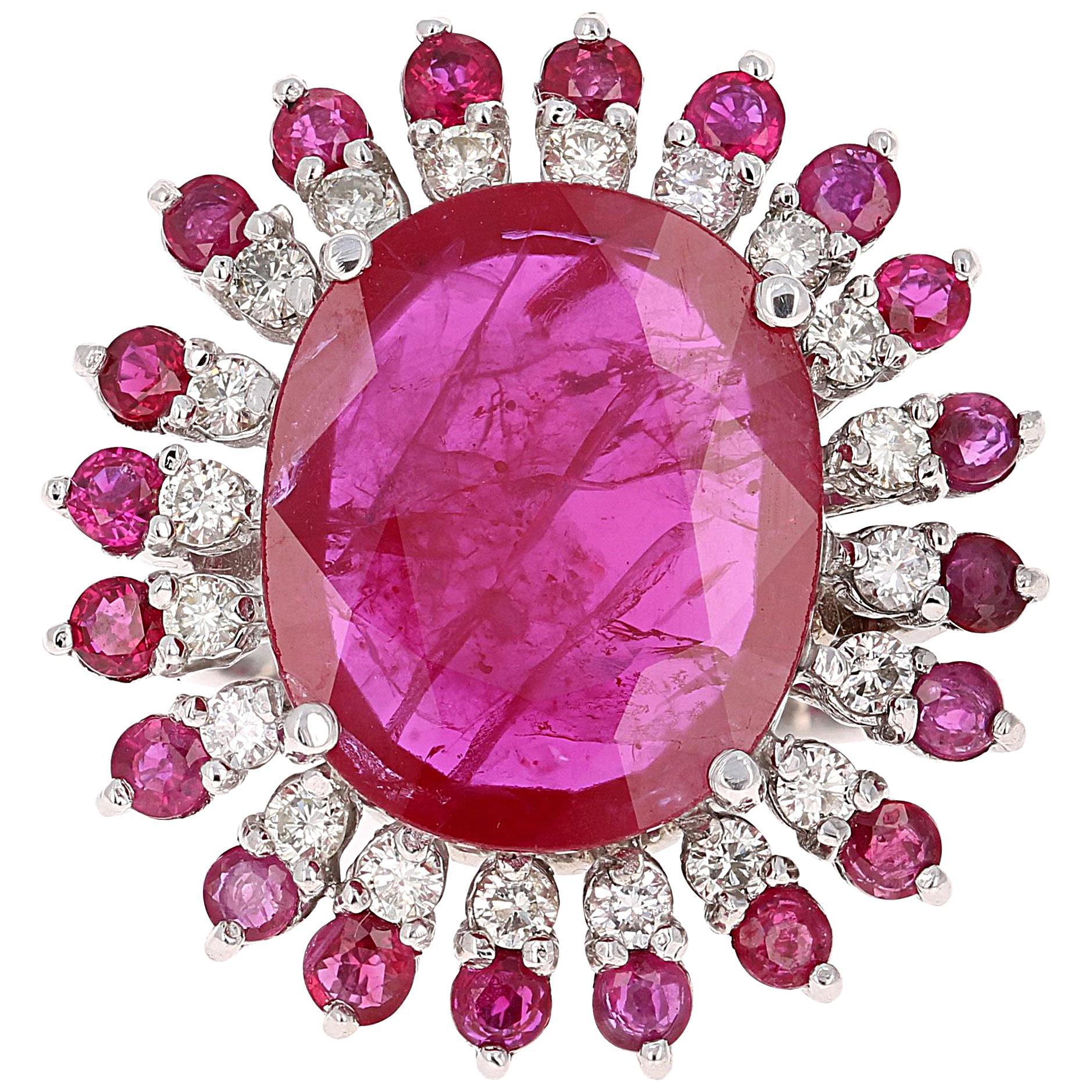 13.68 Carat Ruby Diamond White Gold Cocktail Ring