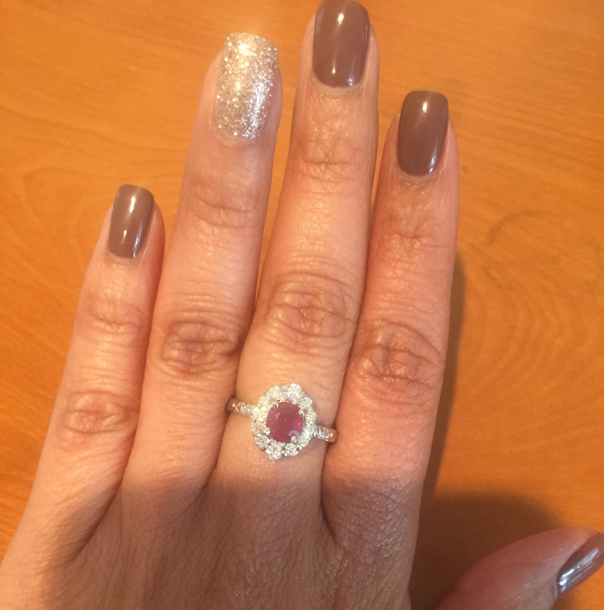 1.46 Carat Oval Cut Burmese Ruby Diamond 14 Karat White Gold Bridal Ring
