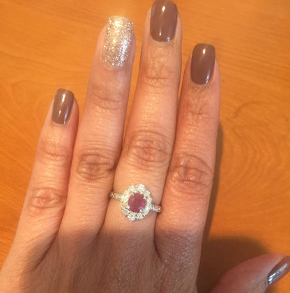 1.46 Carat Oval Cut Burmese Ruby Diamond 14 Karat White Gold Bridal Ring