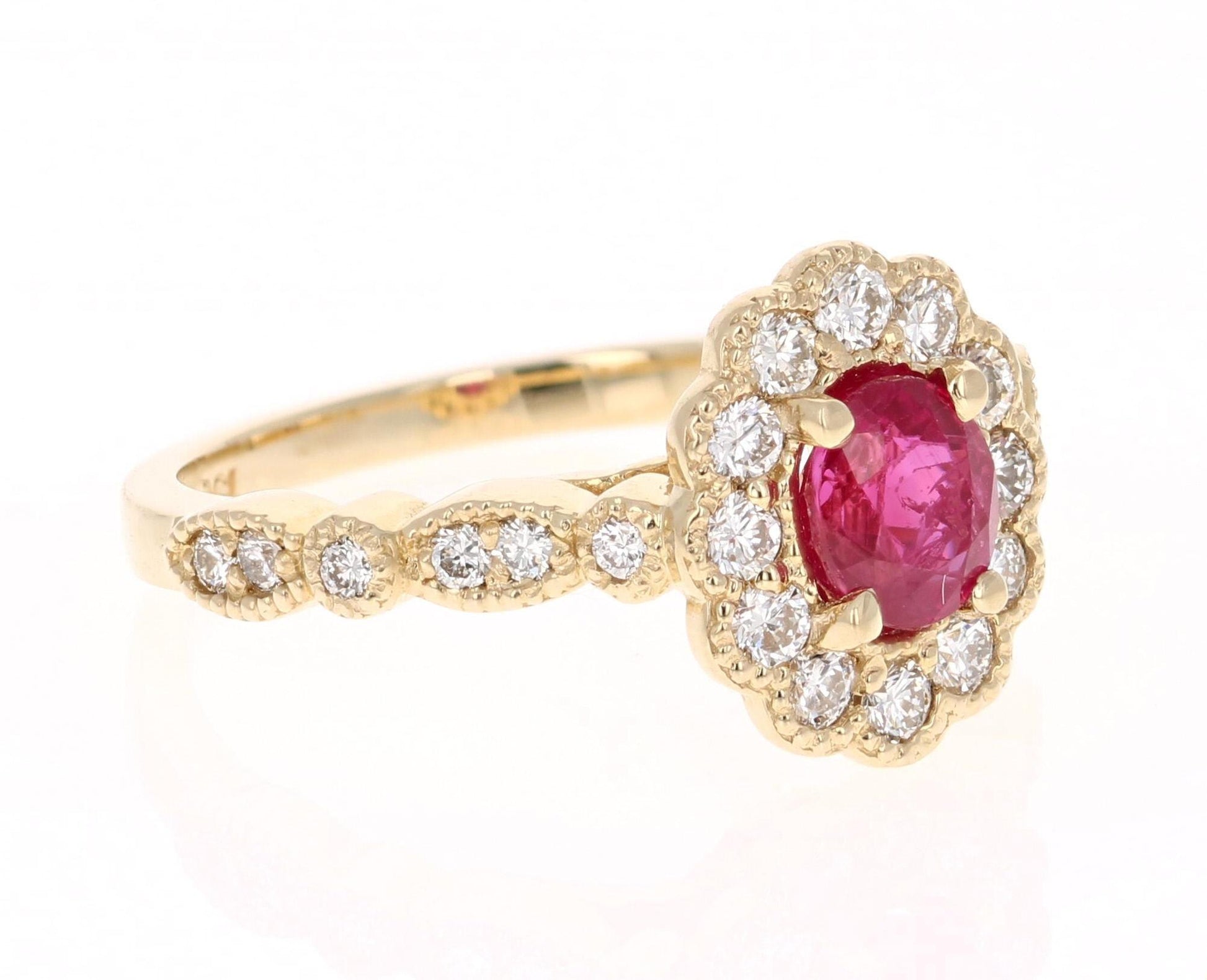 1.60 Carat Oval Cut Burmese Ruby Diamond 14 Karat Yellow Gold Bridal Ring