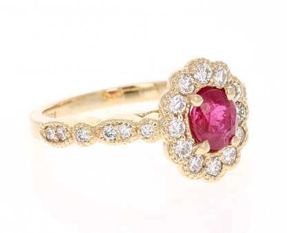 1.60 Carat Oval Cut Burmese Ruby Diamond 14 Karat Yellow Gold Bridal Ring