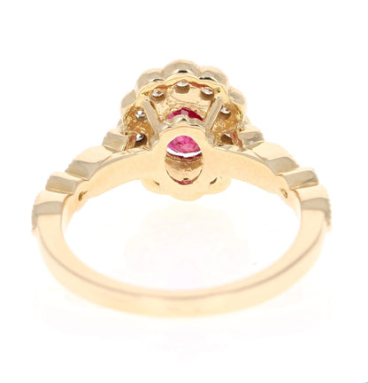 1.60 Carat Oval Cut Burmese Ruby Diamond 14 Karat Yellow Gold Bridal Ring