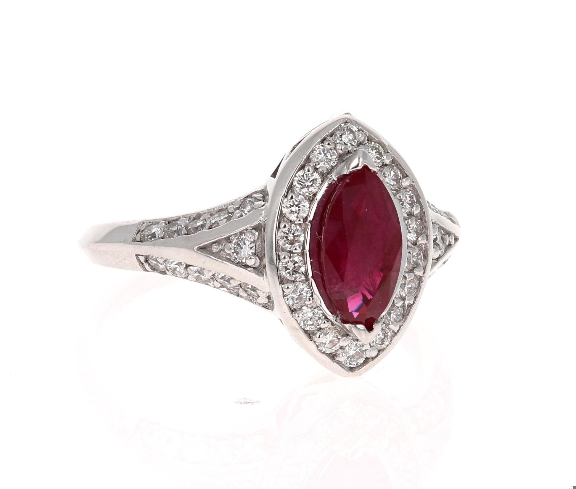 1.71 Carat Marquise Cut Ruby Diamond 18 Karat White Gold Bridal Ring