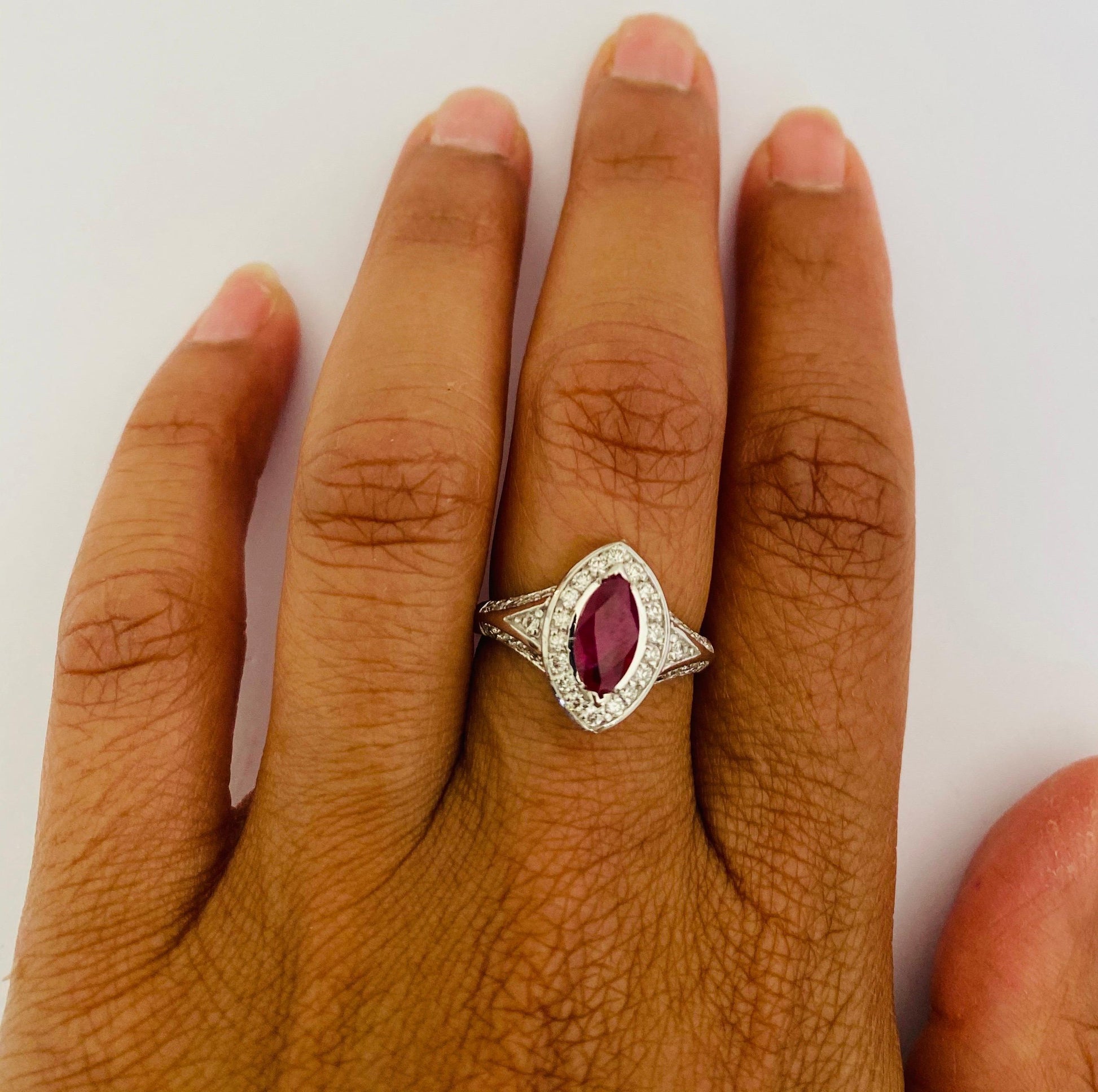 1.71 Carat Marquise Cut Ruby Diamond 18 Karat White Gold Bridal Ring