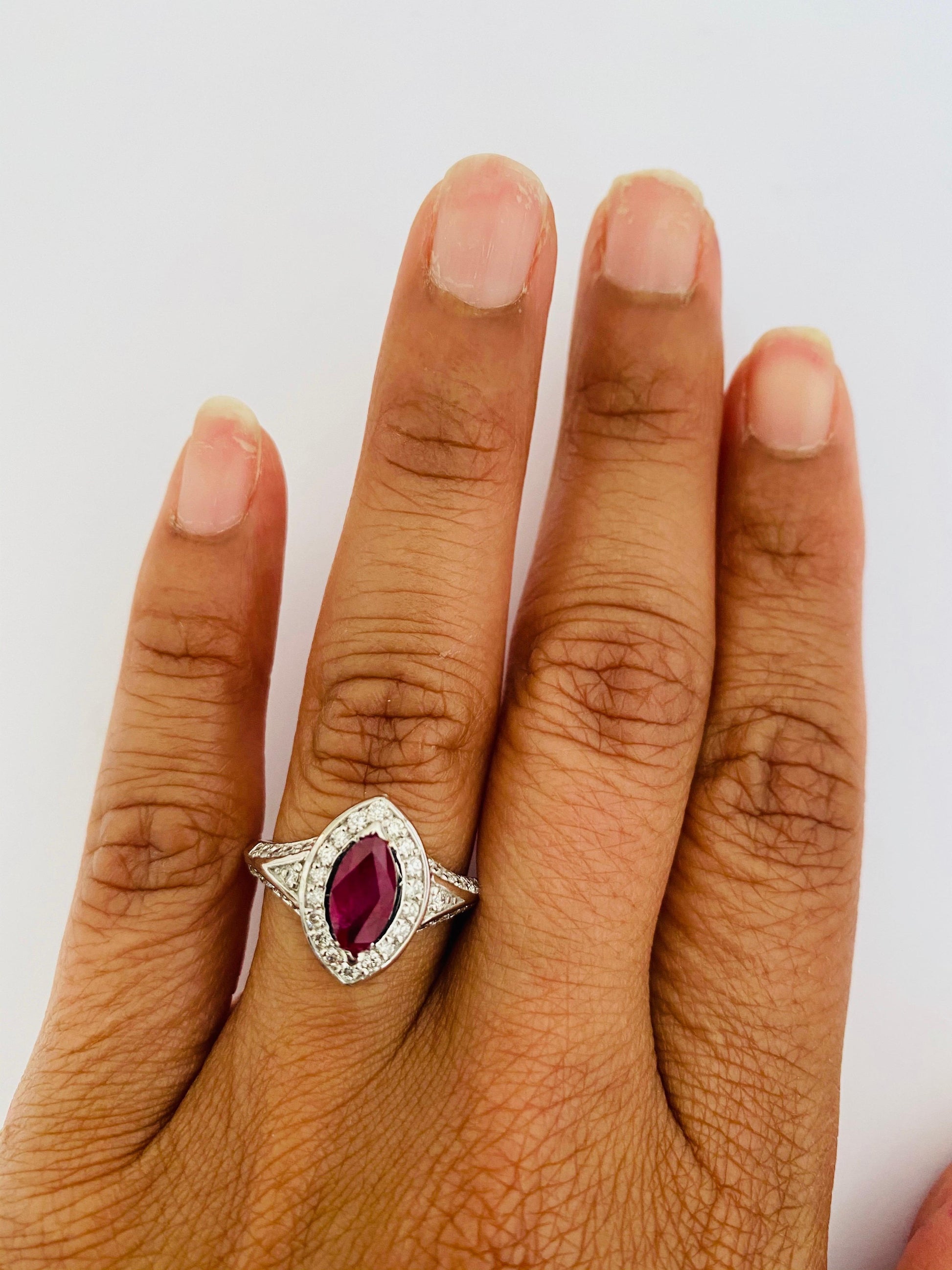 1.71 Carat Marquise Cut Ruby Diamond 18 Karat White Gold Bridal Ring