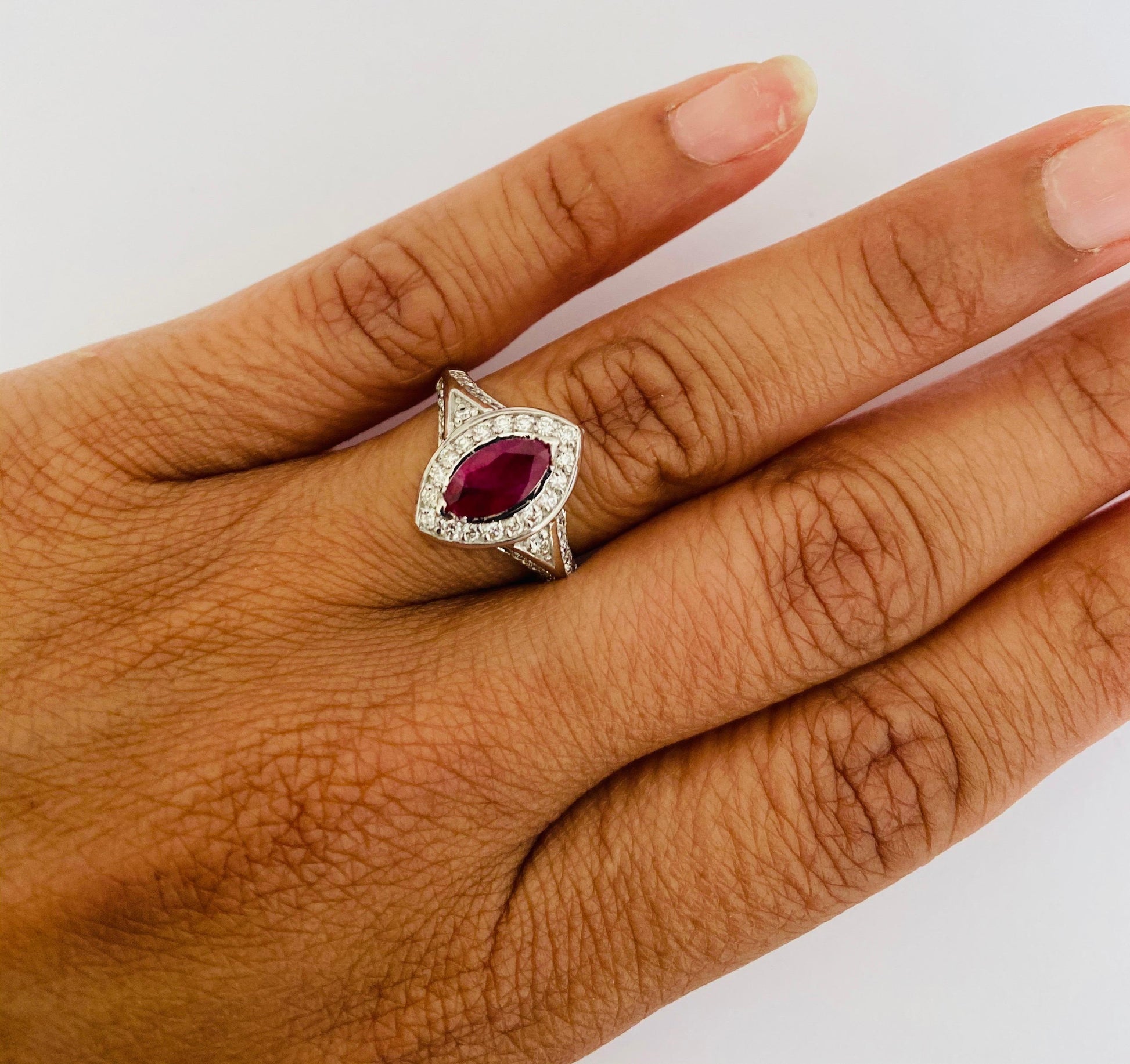 1.71 Carat Marquise Cut Ruby Diamond 18 Karat White Gold Bridal Ring