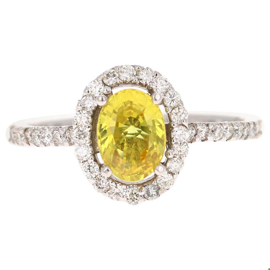1.71 Carat Yellow Sapphire Diamond Halo Ring 14 Karat White Gold