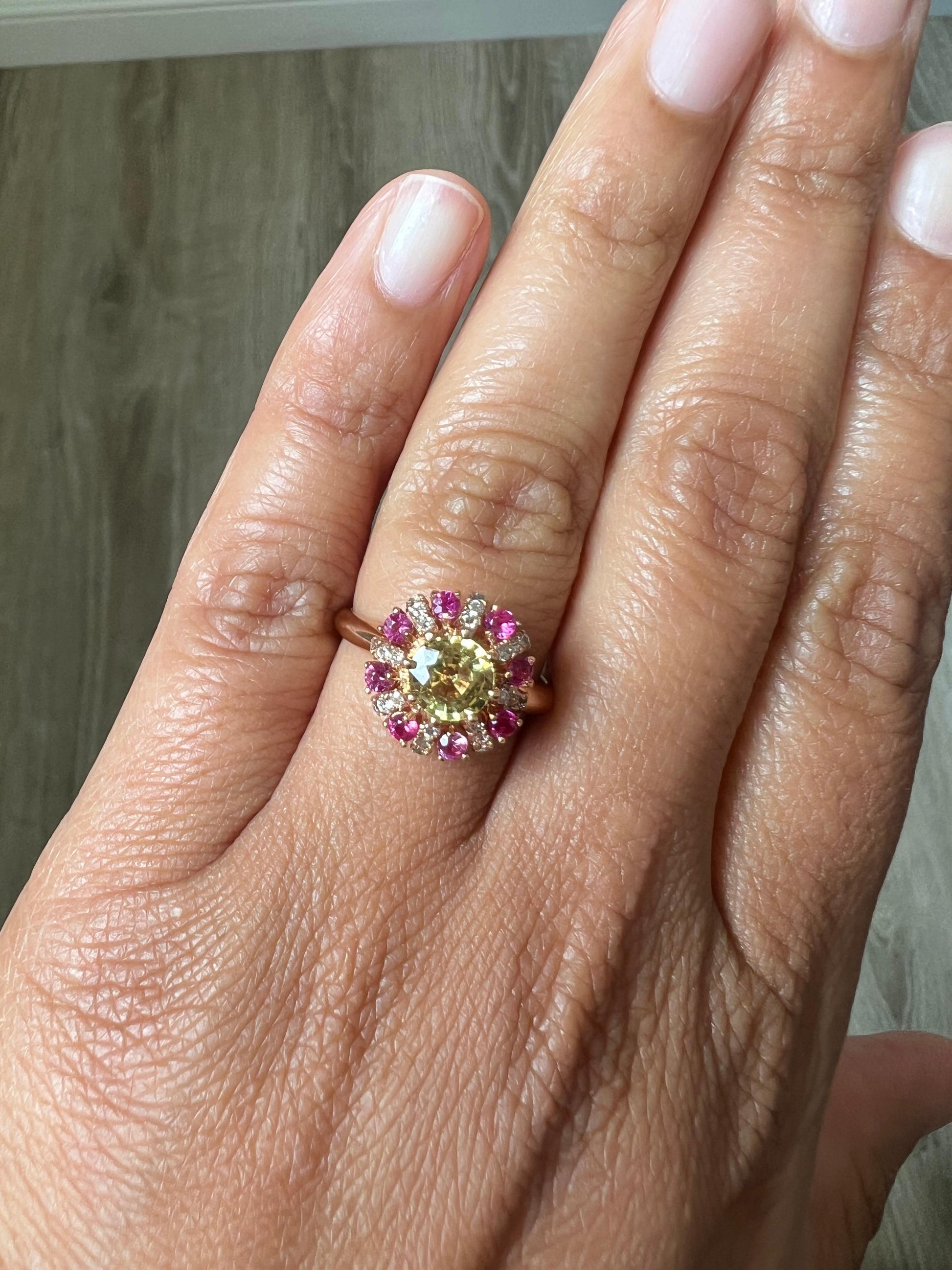 1.71 Carat Yellow Sapphire Pink Sapphire Diamond Rose Gold Ring