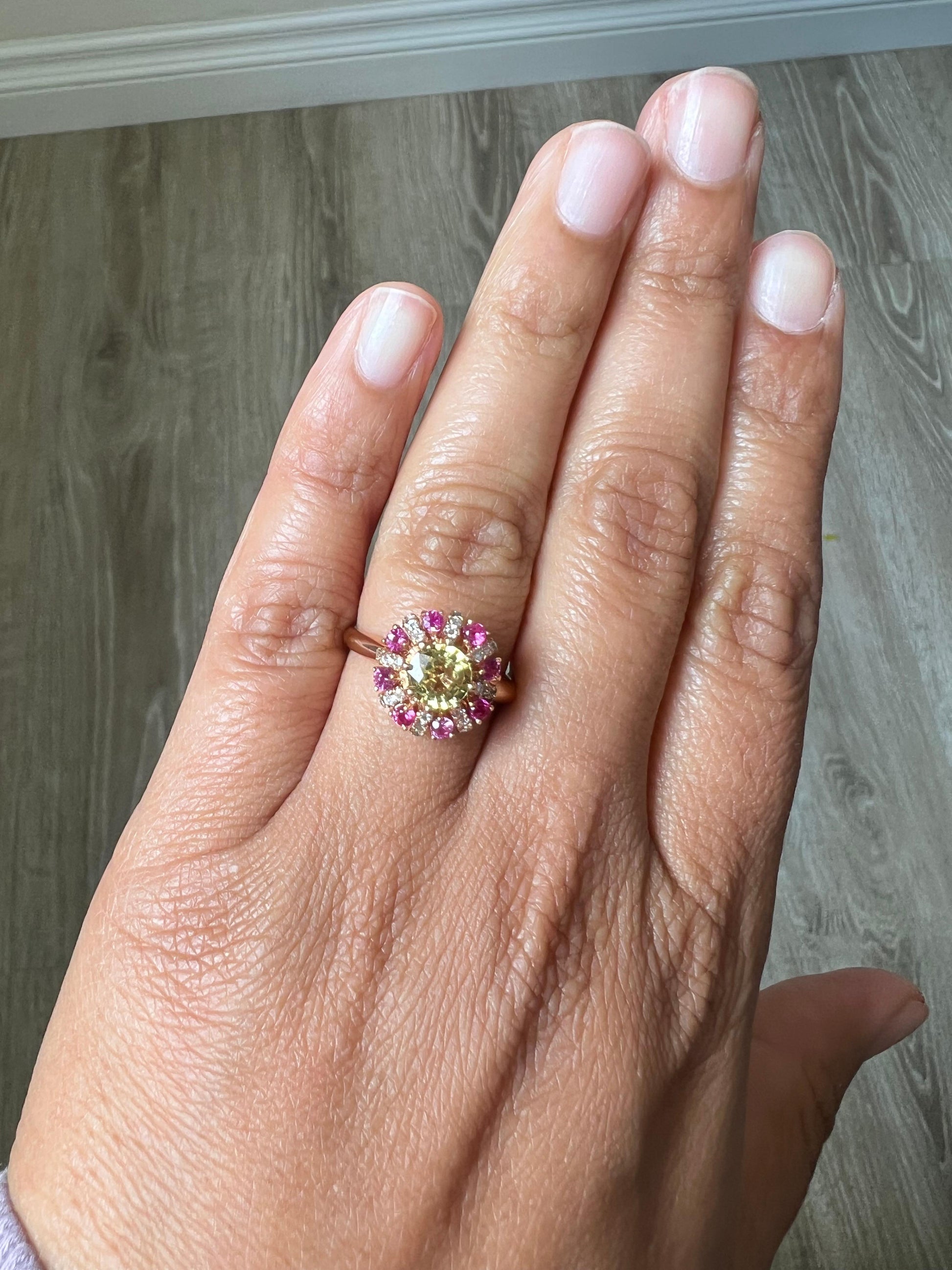 1.71 Carat Yellow Sapphire Pink Sapphire Diamond Rose Gold Ring