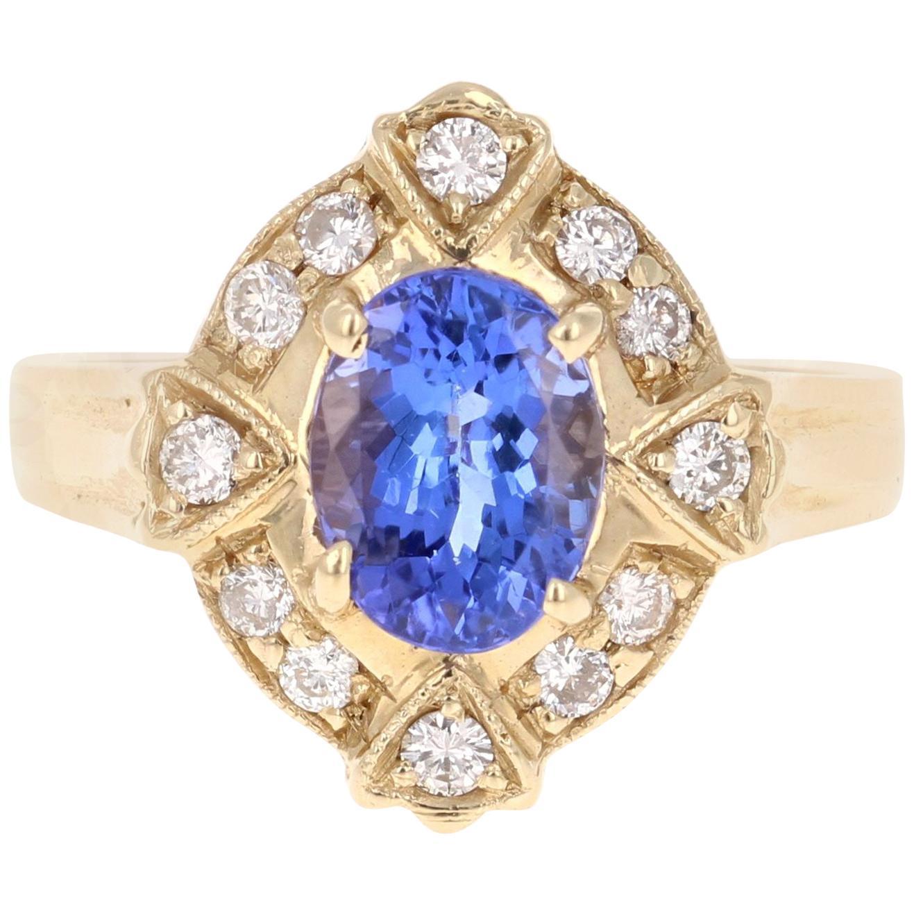 1.75 Carat Oval Cut Tanzanite Diamond Ring 14 Karat Yellow Gold