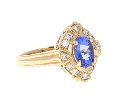 1.75 Carat Oval Cut Tanzanite Diamond Ring 14 Karat Yellow Gold