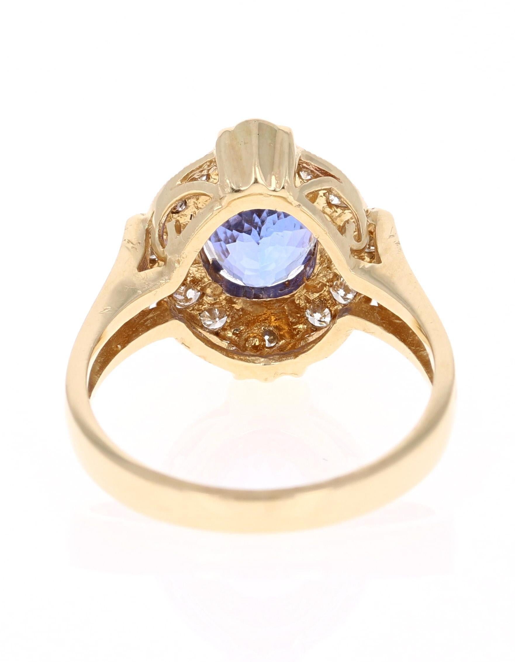 1.75 Carat Oval Cut Tanzanite Diamond Ring 14 Karat Yellow Gold