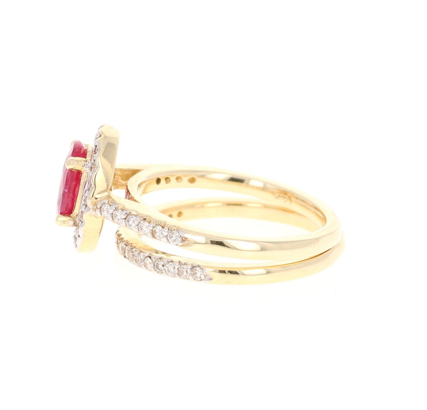 1.83 Carat Oval Cut Ruby Diamond 14 Karat Yellow Gold Engagement Ring and Band