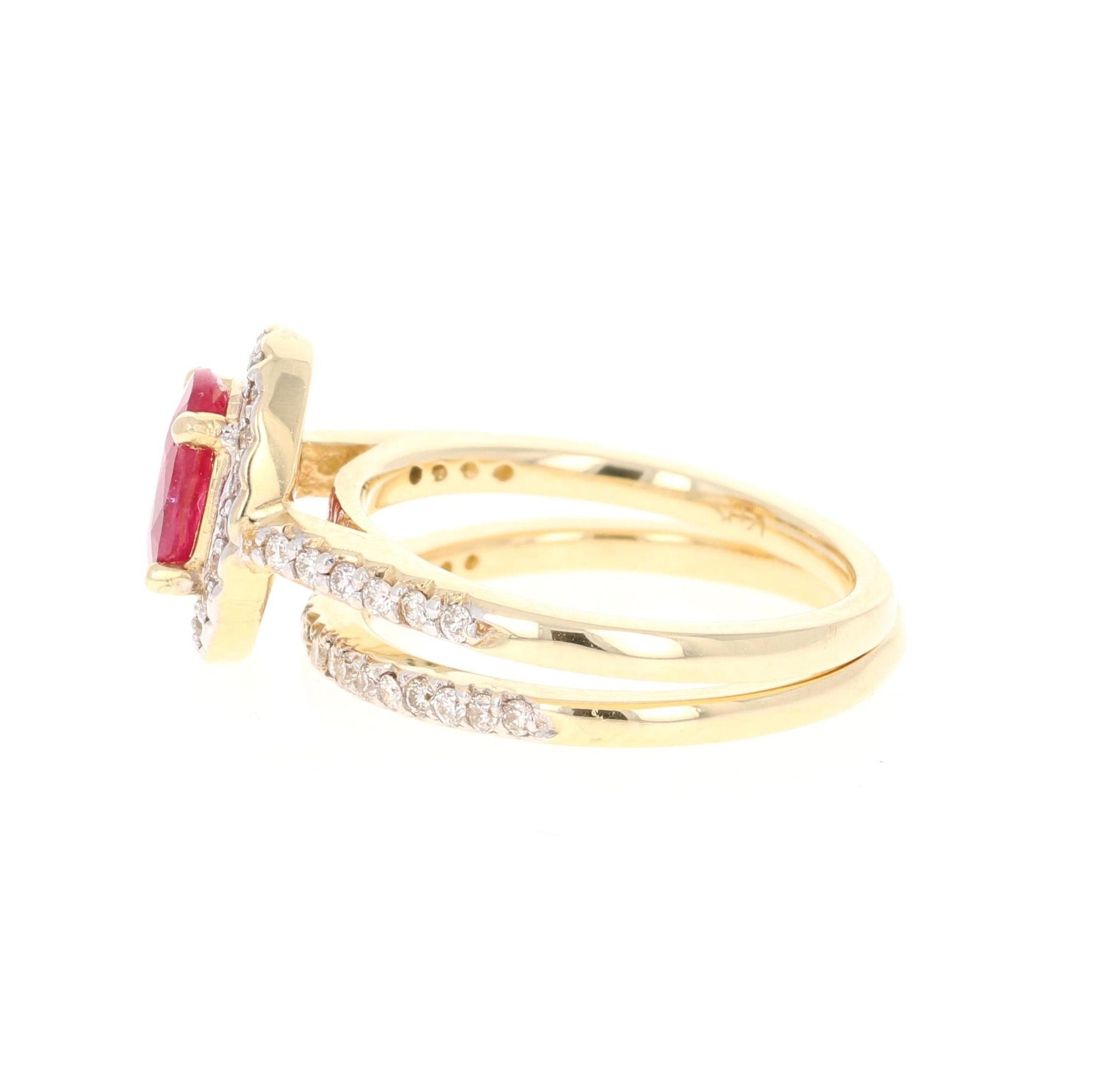 1.83 Carat Oval Cut Ruby Diamond 14 Karat Yellow Gold Engagement Ring and Band