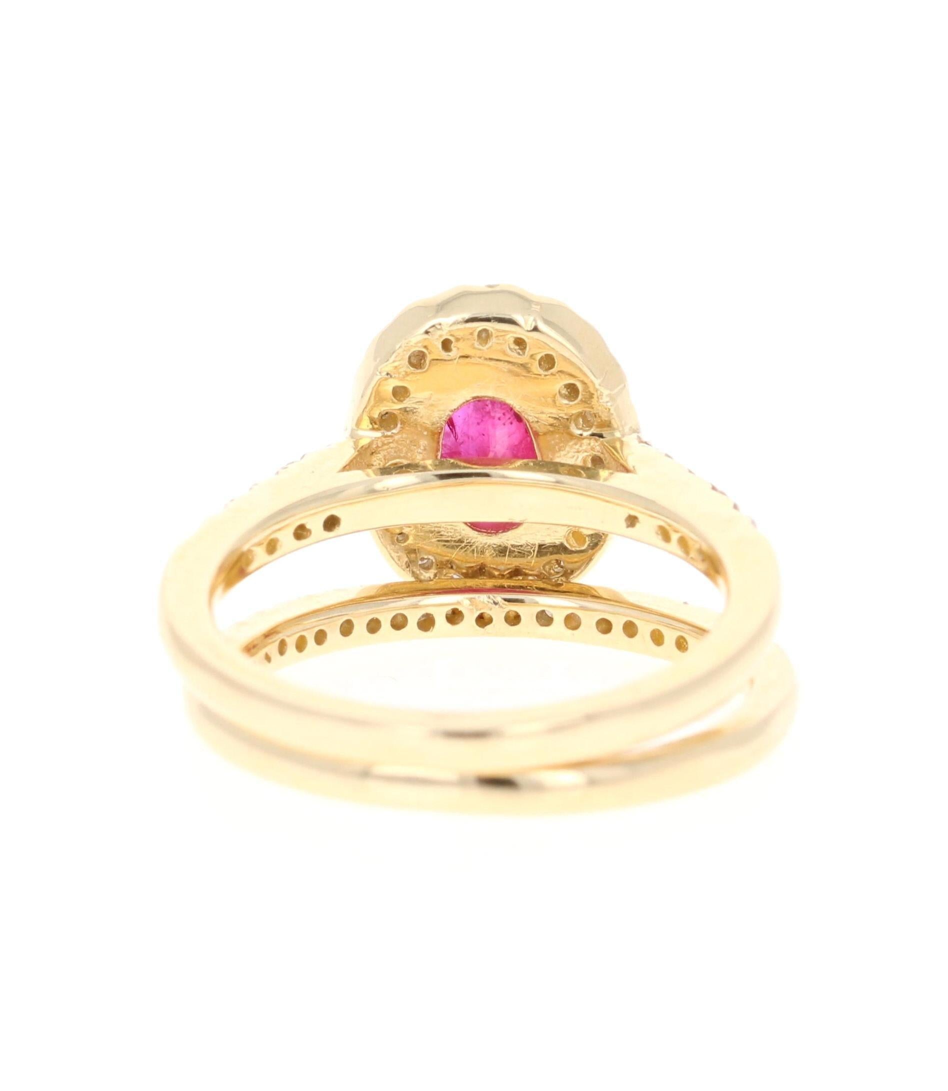 1.83 Carat Oval Cut Ruby Diamond 14 Karat Yellow Gold Engagement Ring and Band