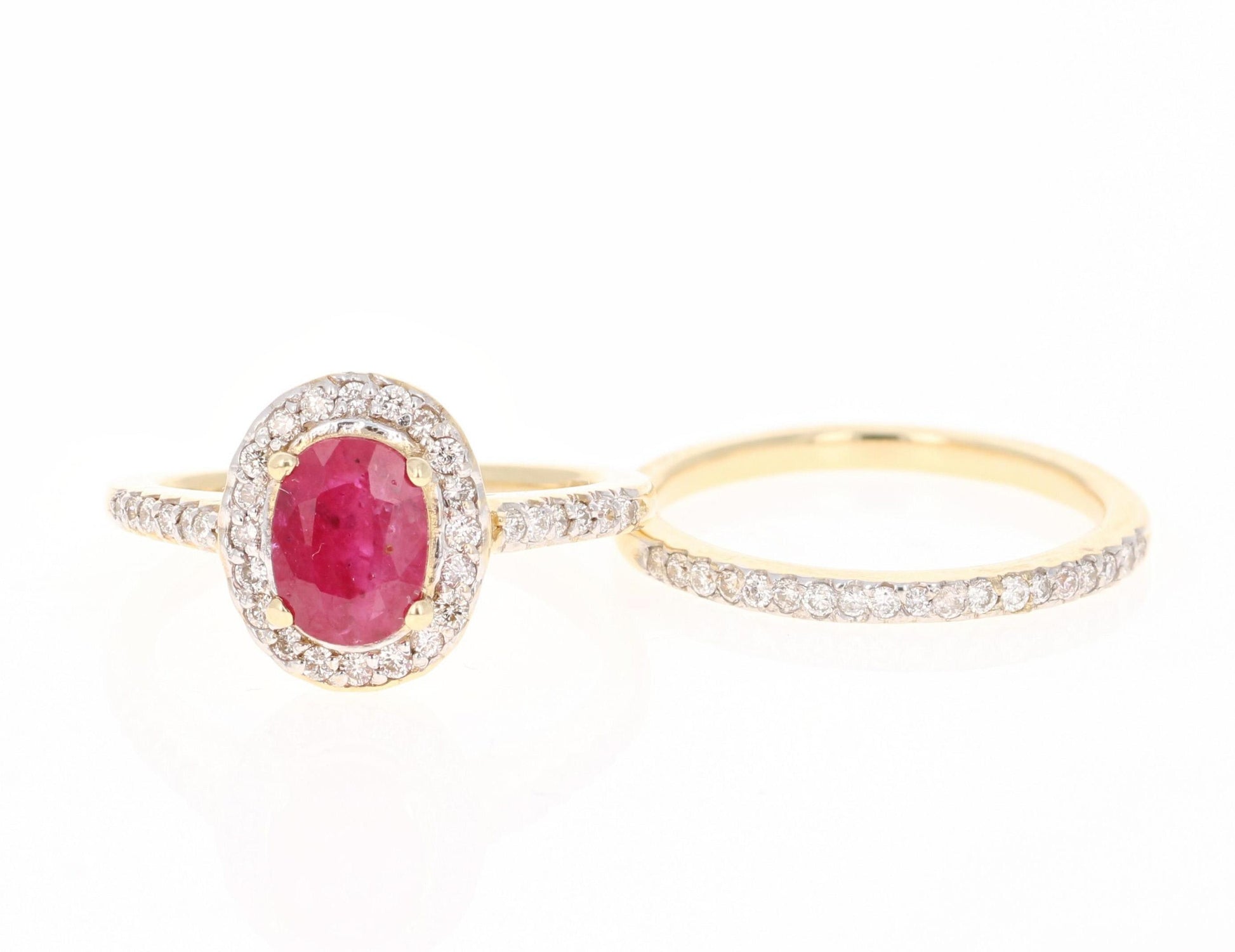 1.83 Carat Oval Cut Ruby Diamond 14 Karat Yellow Gold Engagement Ring and Band