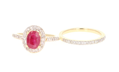 1.83 Carat Oval Cut Ruby Diamond 14 Karat Yellow Gold Engagement Ring and Band