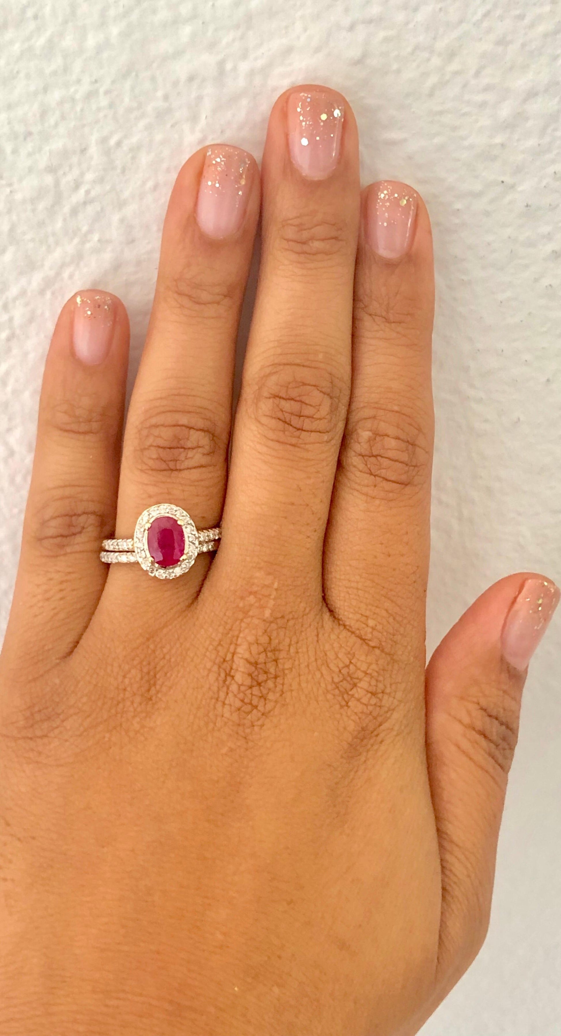 1.83 Carat Oval Cut Ruby Diamond 14 Karat Yellow Gold Engagement Ring and Band