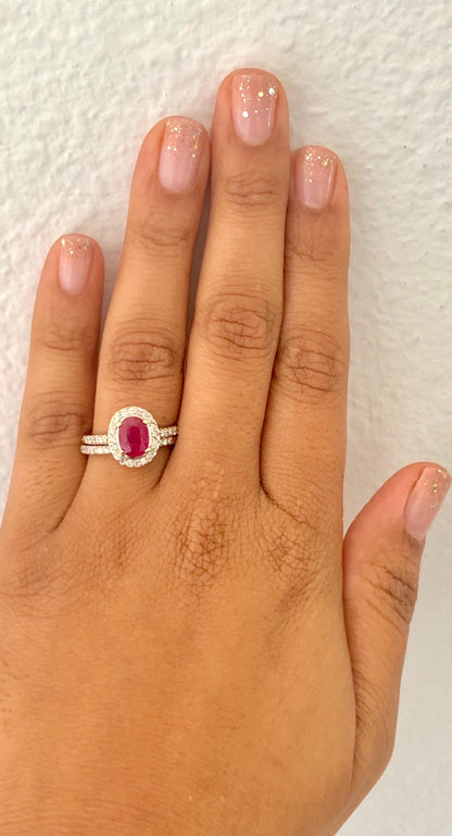 1.83 Carat Oval Cut Ruby Diamond 14 Karat Yellow Gold Engagement Ring and Band