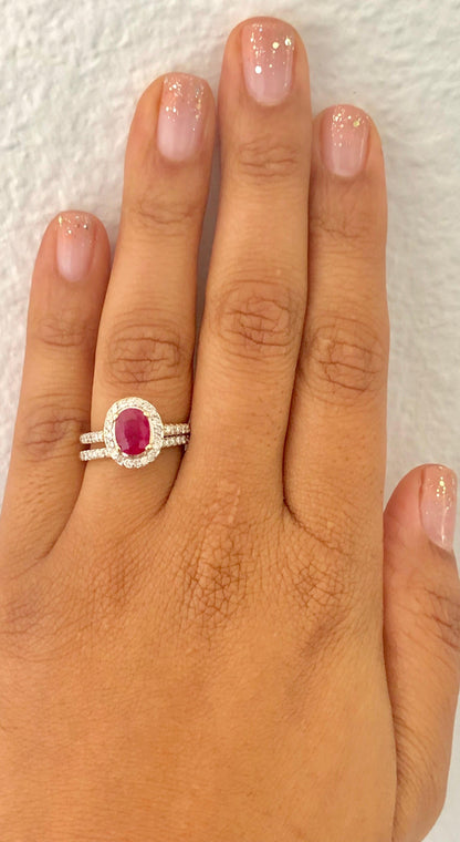 1.83 Carat Oval Cut Ruby Diamond 14 Karat Yellow Gold Engagement Ring and Band