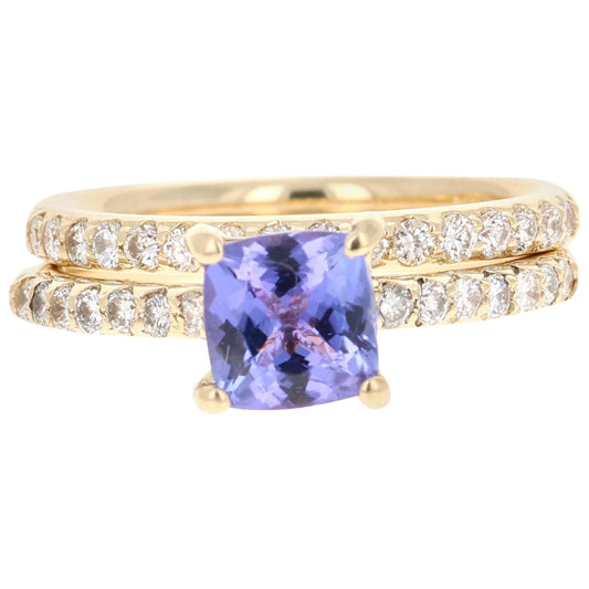 1.88 Carat Tanzanite Diamond 14 Karat Yellow Gold Engagement Ring with Band