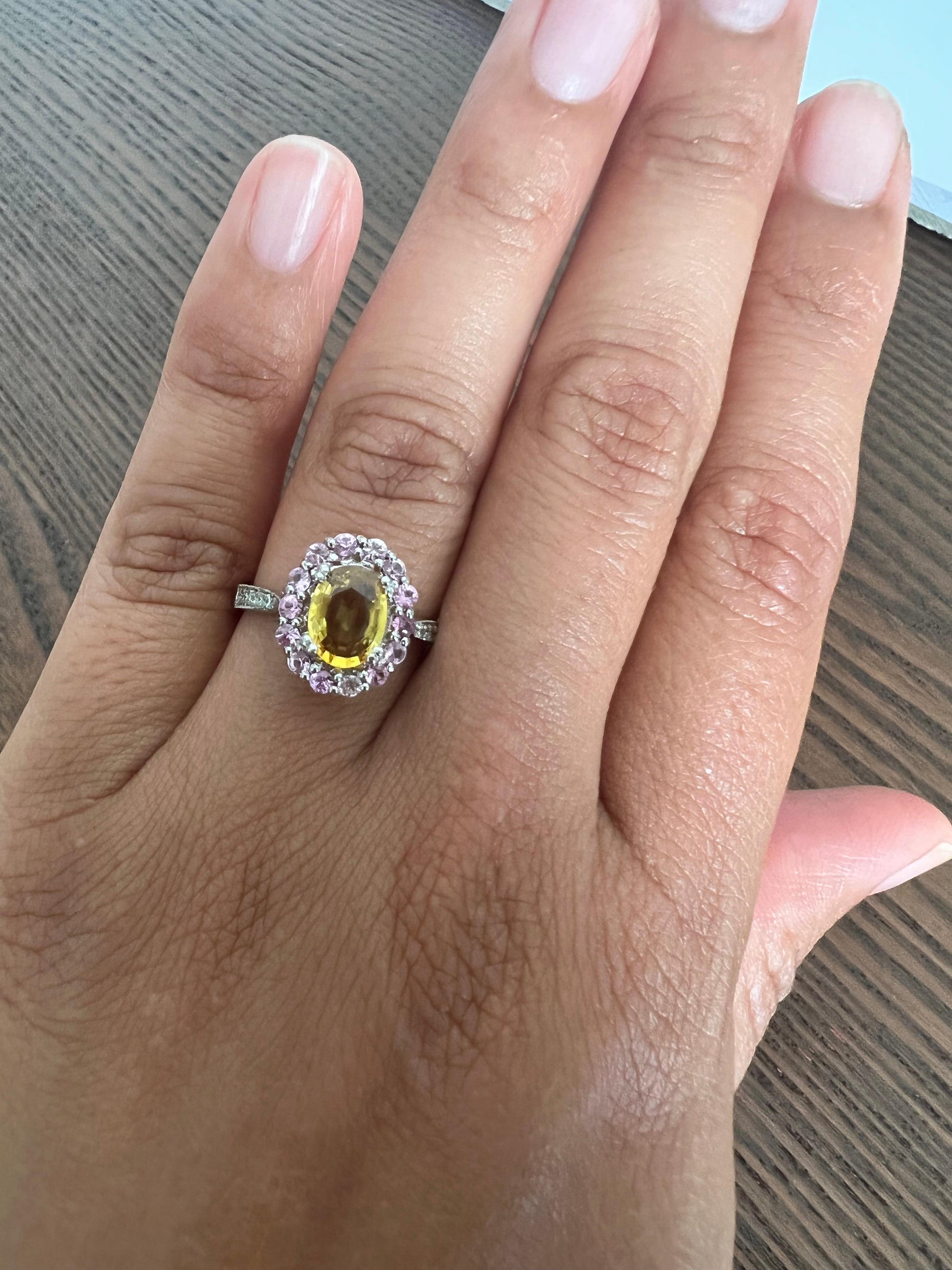 2.02 Carat Yellow Sapphire Pink Sapphire Diamond 14 Karat White Gold Ring