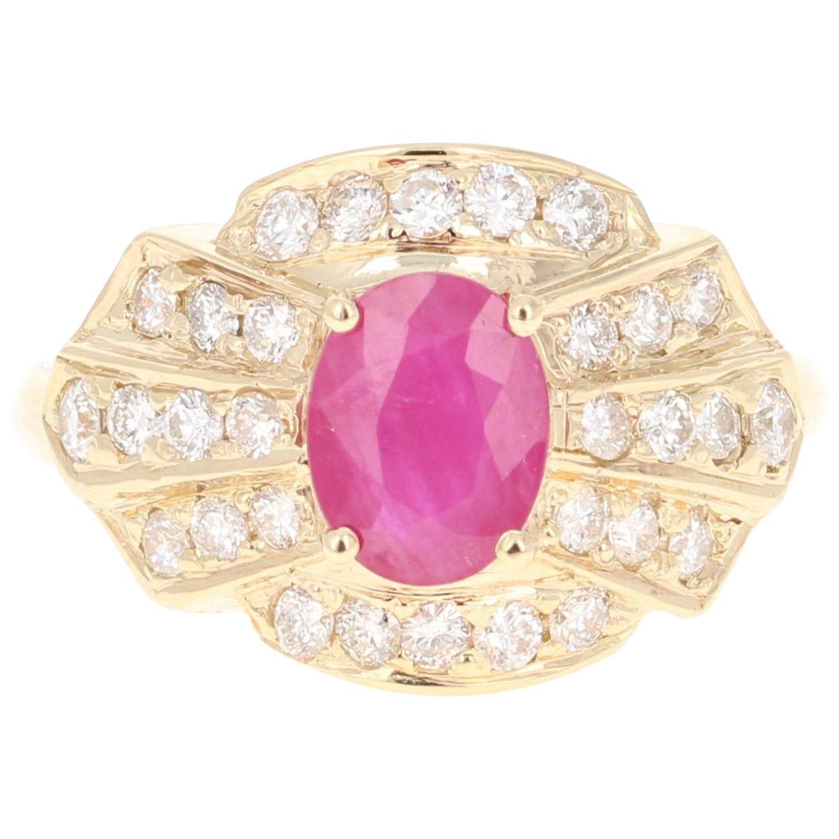 2.03 Carat Oval Cut Burmese Ruby Diamond 14 Karat Yellow Gold Ring