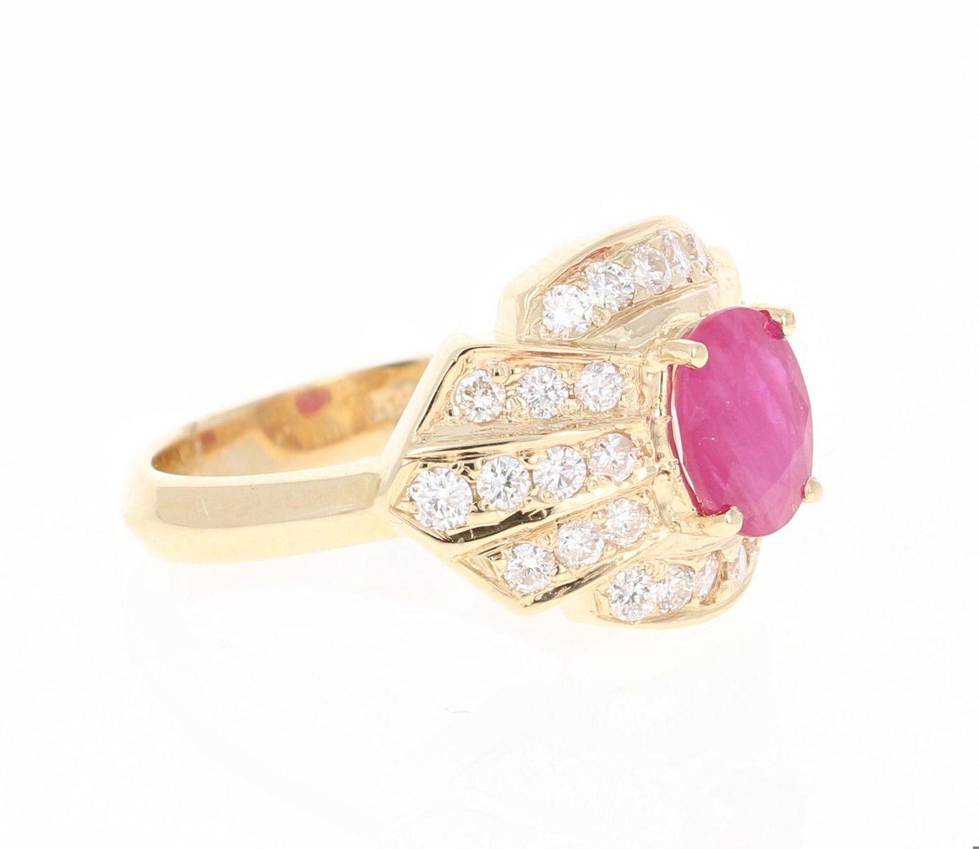 2.03 Carat Oval Cut Burmese Ruby Diamond 14 Karat Yellow Gold Ring