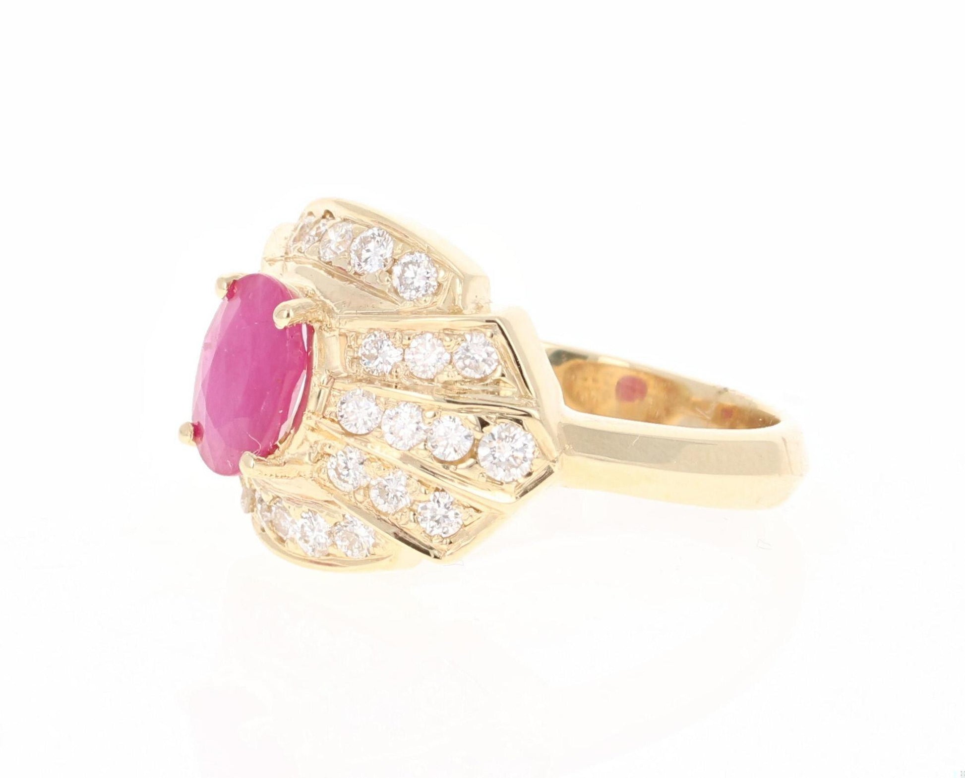 2.03 Carat Oval Cut Burmese Ruby Diamond 14 Karat Yellow Gold Ring
