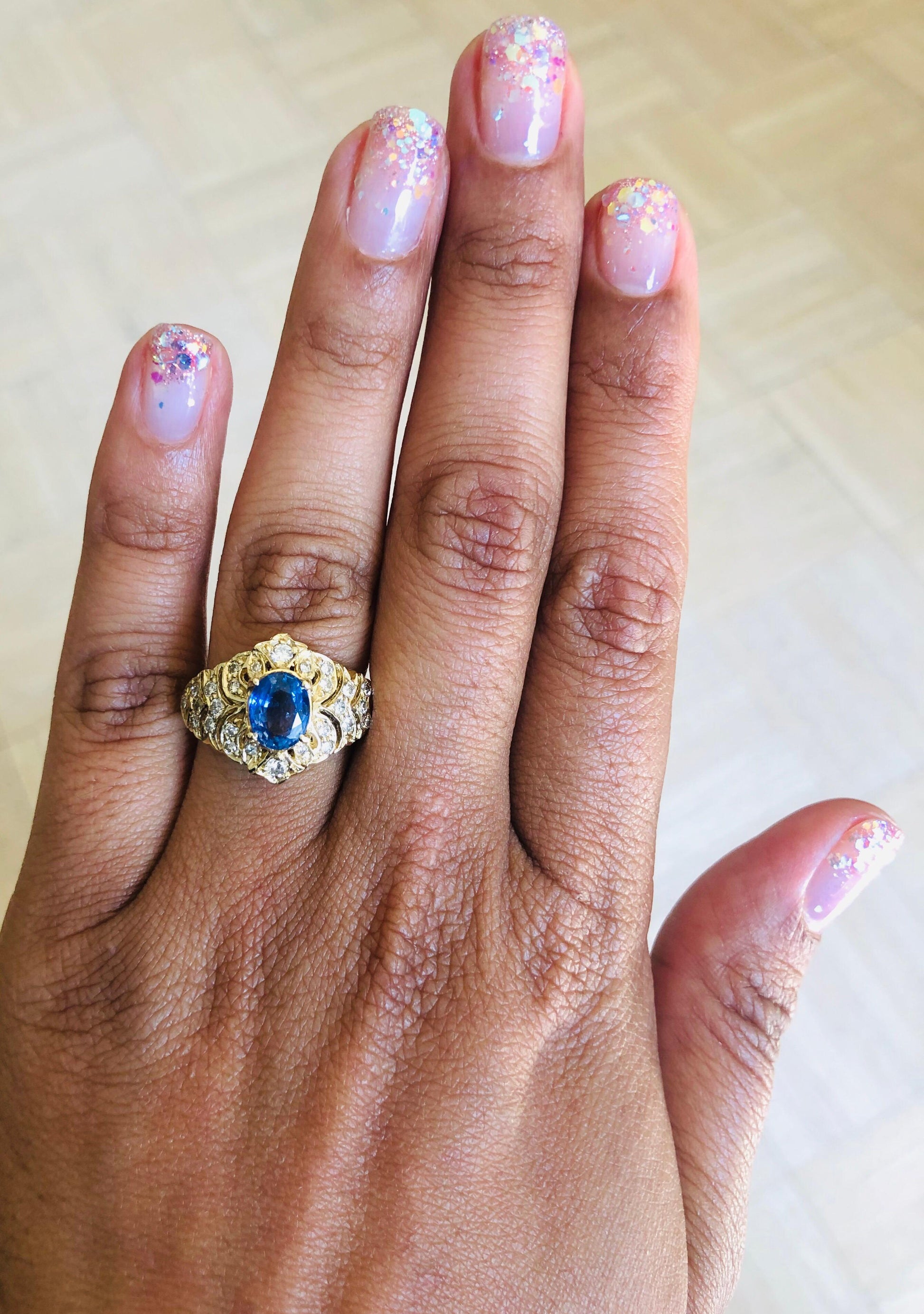 2.15 Carat Sapphire Diamond 14 Karat Yellow Gold Cluster Ring