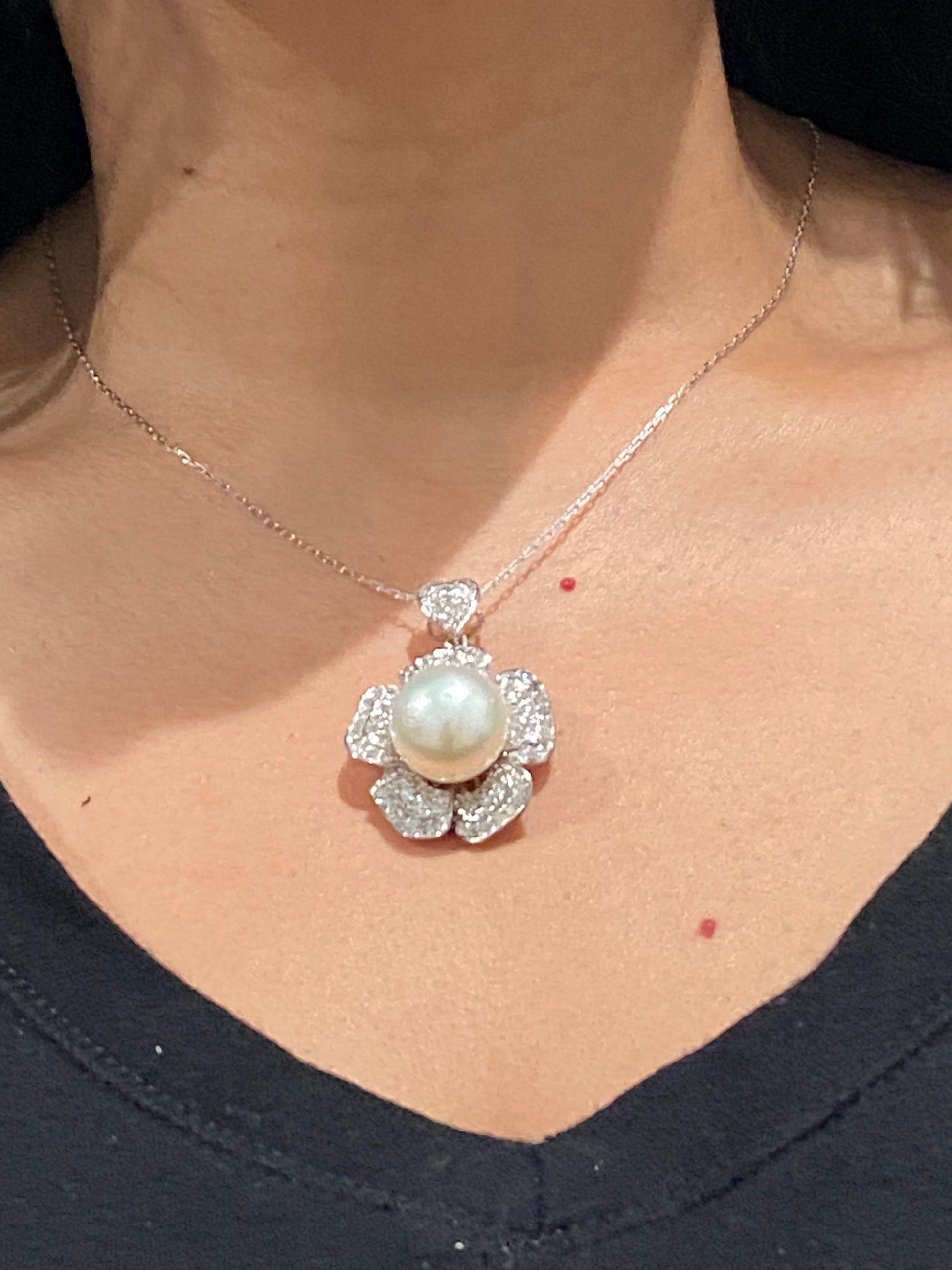 2.17 Carat Diamond and South Sea Pearl 18 Karat White Gold Pendant