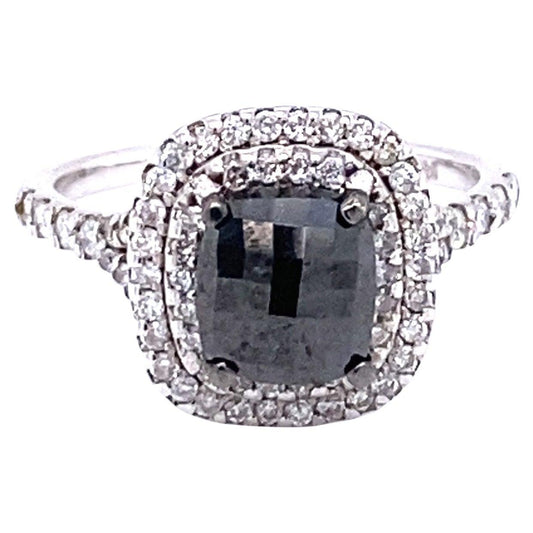 2.49 Carat Black White Diamond Double Halo 14 Karat White Gold Engagement Ring