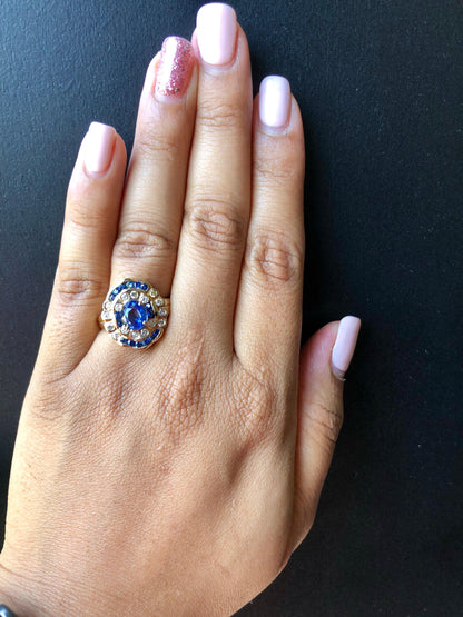 2.54 Carat Blue Sapphire Diamond 14 Karat Yellow Gold Ring