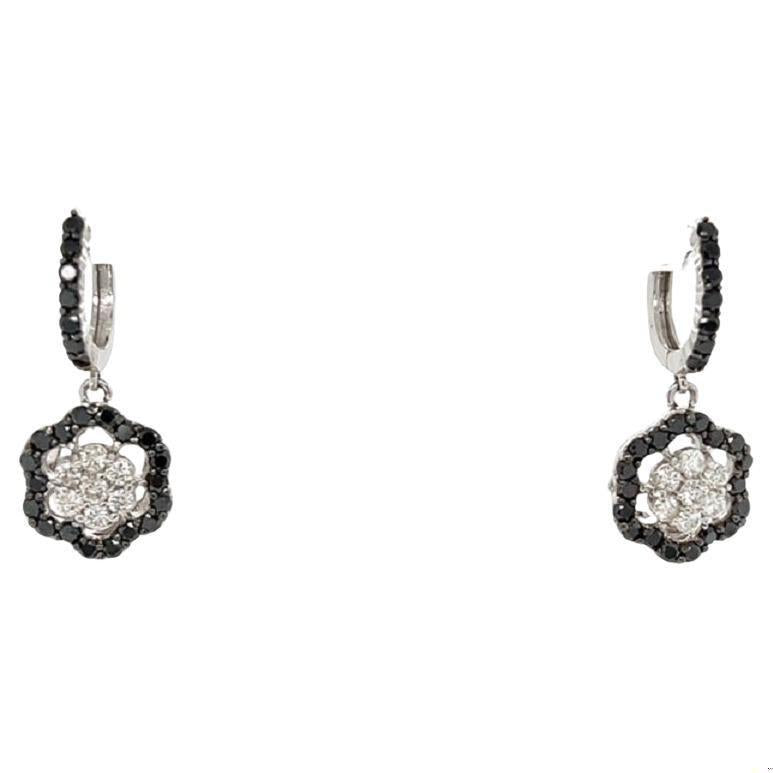 2.63 Carat Black Diamond White Diamond 14 Karat White Gold Dangle Earrings