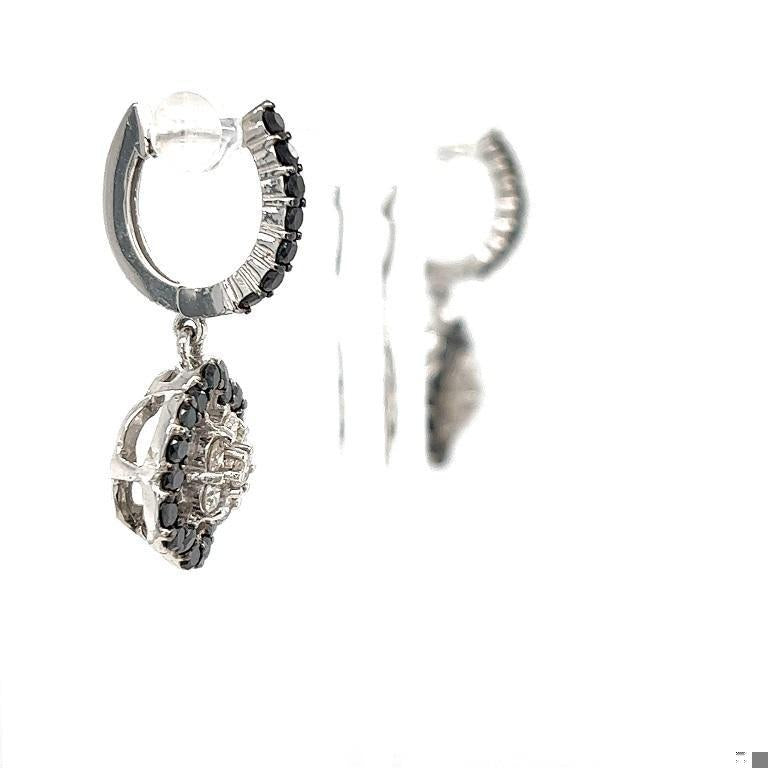 2.63 Carat Black Diamond White Diamond 14 Karat White Gold Dangle Earrings